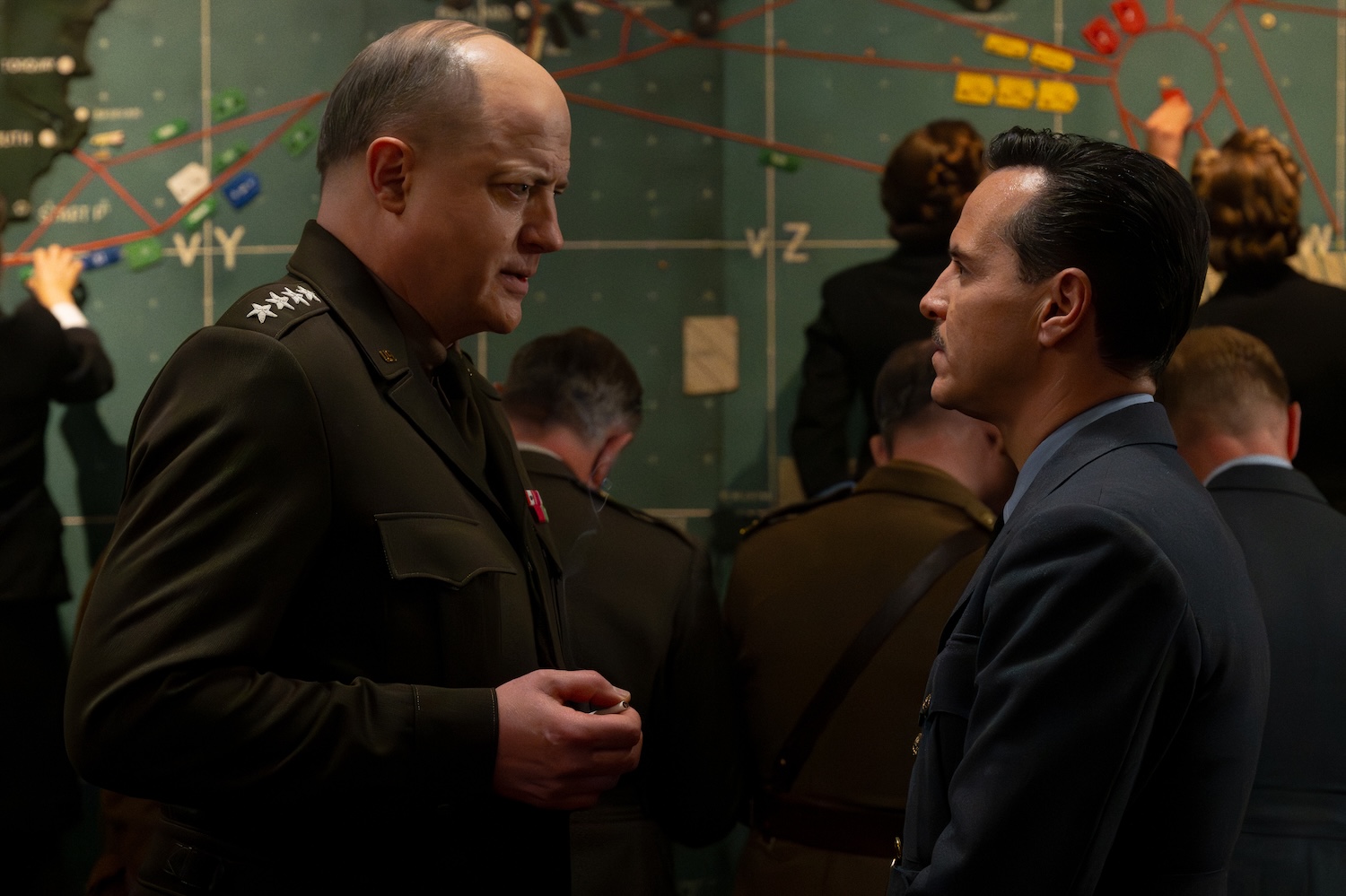 (L to R) Brendan Fraser as "General Dwight D. Eisenhower" and Andrew Scott as "Captain James Stagg" in director Anthony Maras' PRESSURE, a Focus Features release. Credit: Alex Bailey/Focus Features/STUDIOCANAL © 2026 All Rights Reserved.