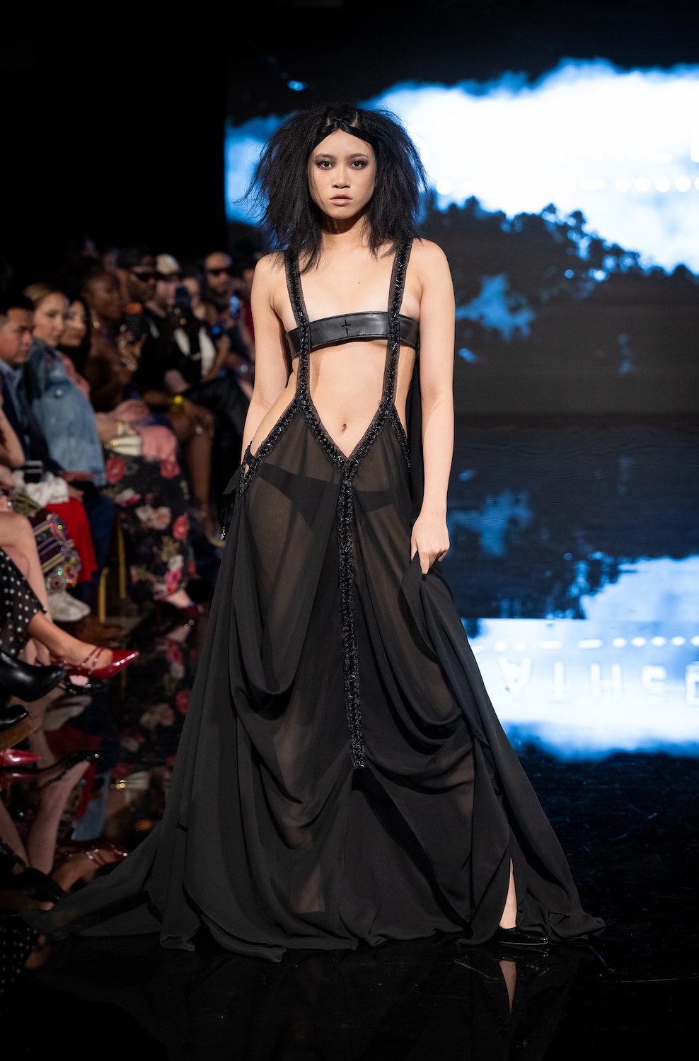 LOS ANGELES, CALIFORNIA - MARCH 13: A model walks the runway at the Scathed Fashion show during Los Angeles Fashion Week Powered By Art Hearts Fashion at The Majestic on March 13, 2026 in Los Angeles, California. (Photo by Mark Gunter/Getty Images for Art Hearts Fashion)