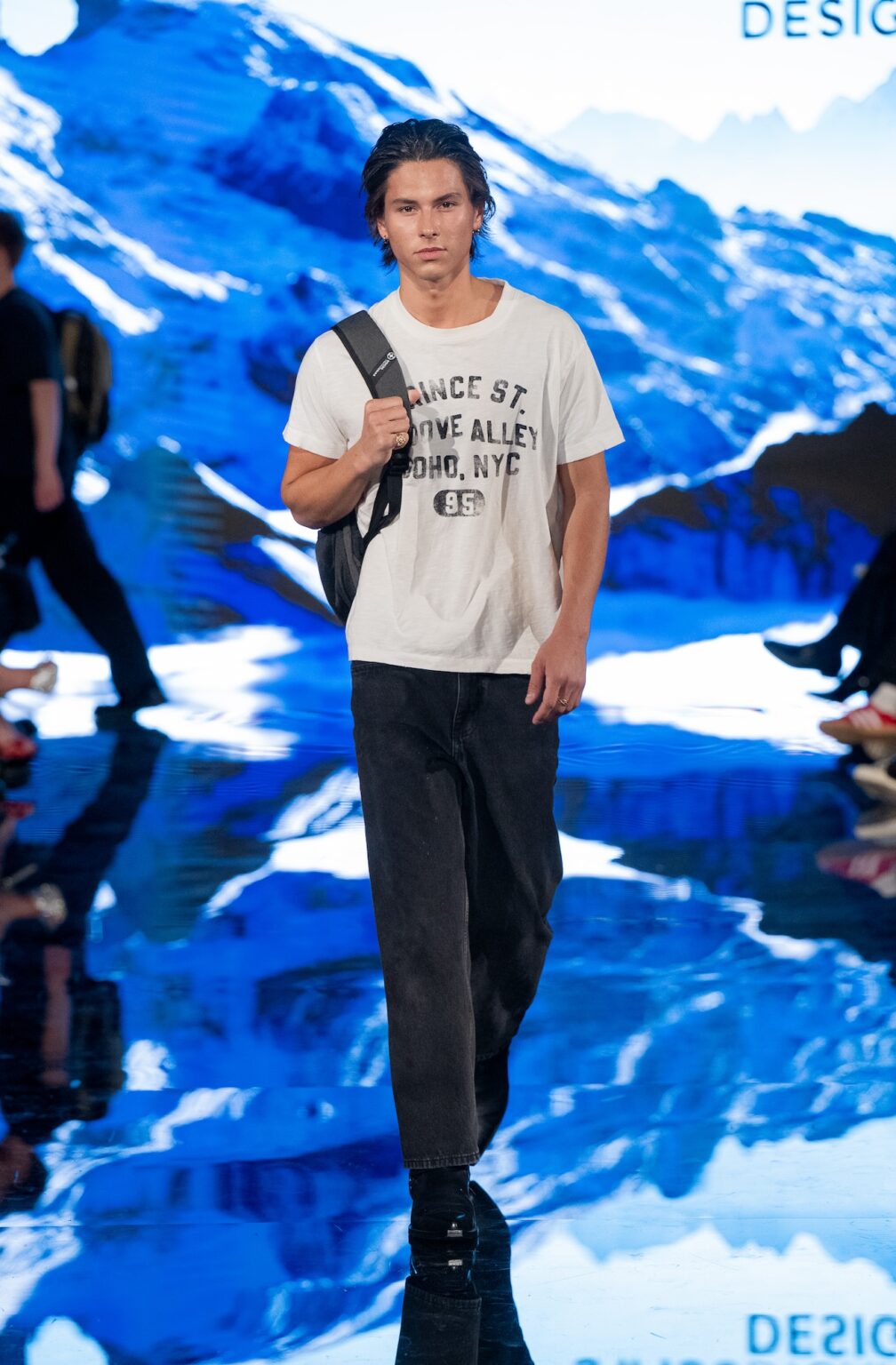 LOS ANGELES, CALIFORNIA - MARCH 13: A model walks the runway at the Swiss Digital Design show during Los Angeles Fashion Week Powered By Art Hearts Fashion at The Majestic on March 13, 2026 in Los Angeles, California. (Photo by Mark Gunter/Getty Images for Art Hearts Fashion)