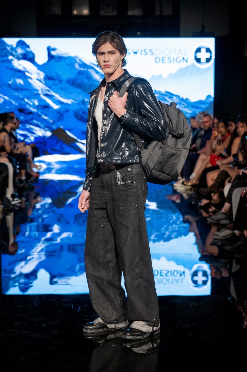 LOS ANGELES, CALIFORNIA - MARCH 13: A model walks the runway at the Swiss Digital Design show during Los Angeles Fashion Week Powered By Art Hearts Fashion at The Majestic on March 13, 2026 in Los Angeles, California. (Photo by Mark Gunter/Getty Images for Art Hearts Fashion)