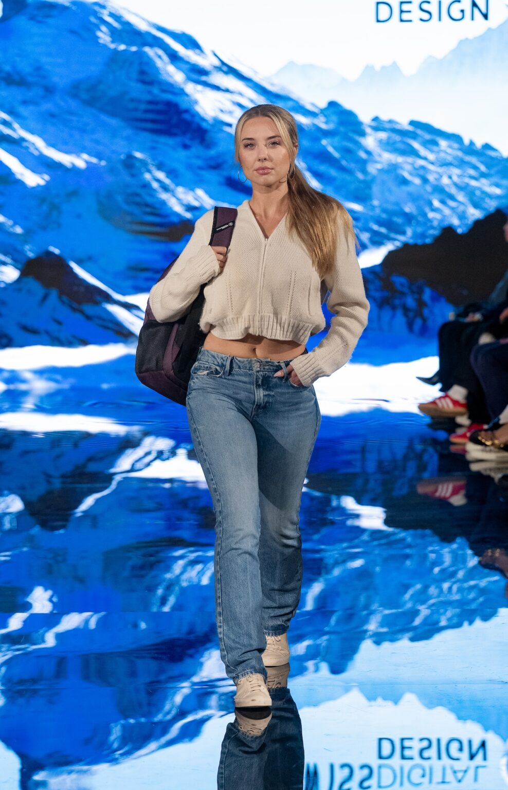 LOS ANGELES, CALIFORNIA - MARCH 13: A model walks the runway at the Swiss Digital Design show during Los Angeles Fashion Week Powered By Art Hearts Fashion at The Majestic on March 13, 2026 in Los Angeles, California. (Photo by Mark Gunter/Getty Images for Art Hearts Fashion)