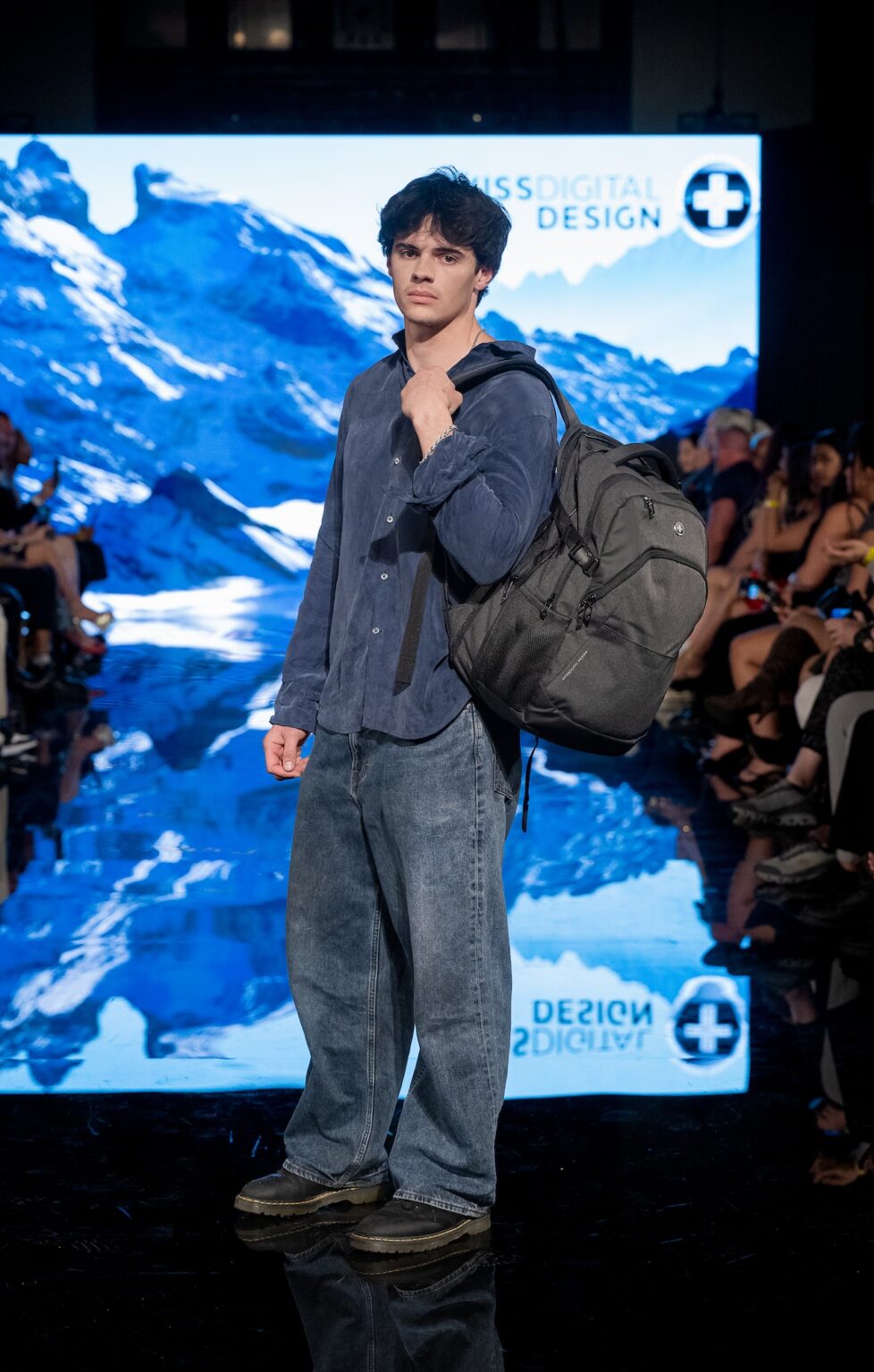 LOS ANGELES, CALIFORNIA - MARCH 13: A model walks the runway at the Swiss Digital Design show during Los Angeles Fashion Week Powered By Art Hearts Fashion at The Majestic on March 13, 2026 in Los Angeles, California. (Photo by Mark Gunter/Getty Images for Art Hearts Fashion)