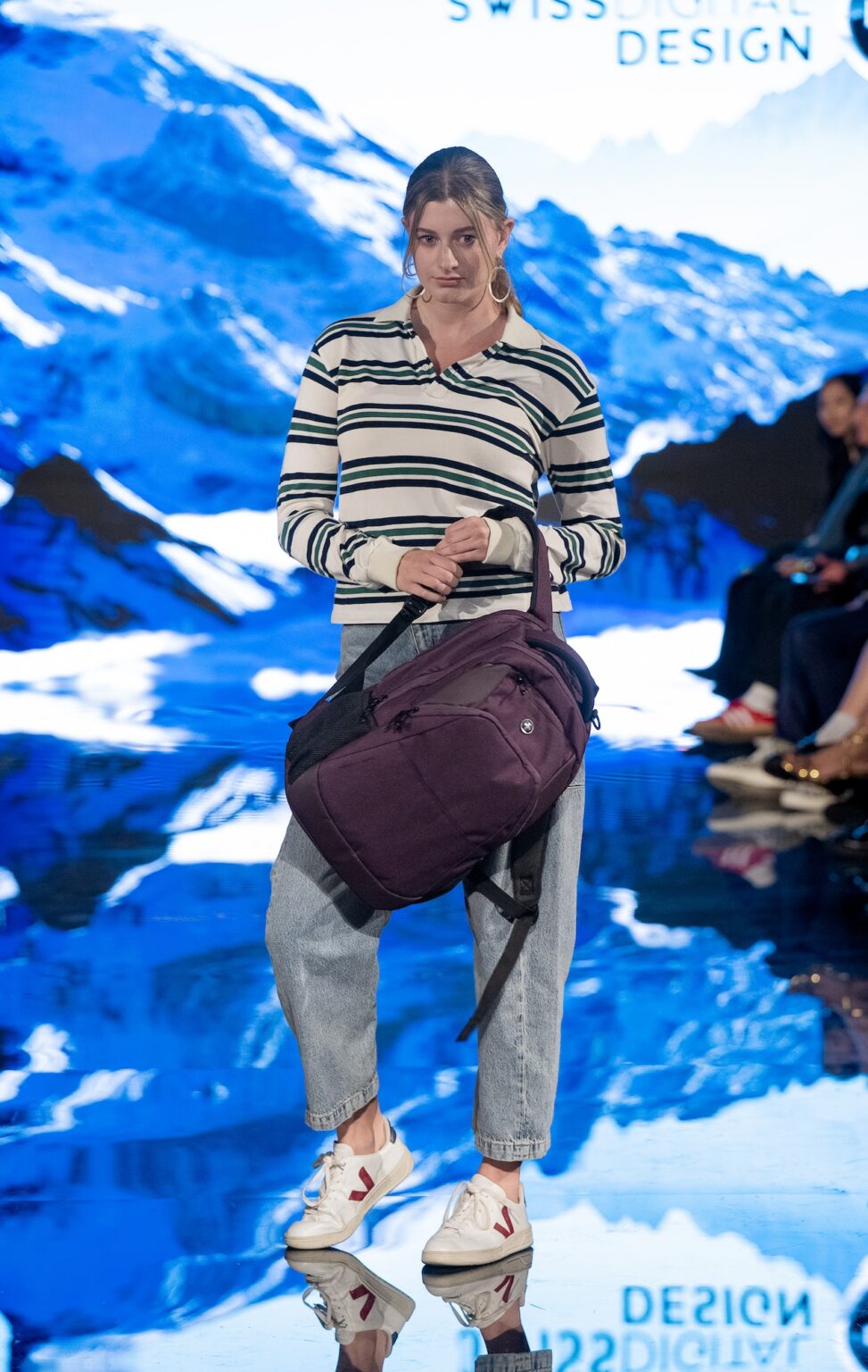 LOS ANGELES, CALIFORNIA - MARCH 13: A model walks the runway at the Swiss Digital Design show during Los Angeles Fashion Week Powered By Art Hearts Fashion at The Majestic on March 13, 2026 in Los Angeles, California. (Photo by Mark Gunter/Getty Images for Art Hearts Fashion)