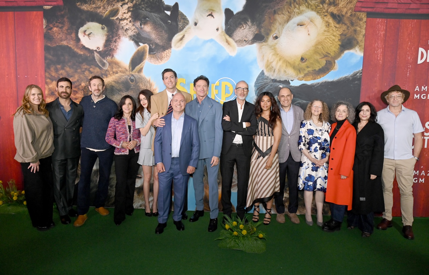 NEW YORK, NEW YORK - APRIL 19: Cast and Creators including Brett Goldstein, Chris O'Dowd, Julia Louis-Dreyfus, Molly Gordon, Nicholas Braun, Hugh Jackman, Eric Fellner, Regina Hall, Craig Mazin, Lindsay Doran, Courtenay Valenti, Sue Kroll and Rhys Darby attend NY Red Carpet and Premiere of Amazon MGM Studio's "The Sheep Detectives" at Jazz at Lincoln Center on April 19, 2026 in New York City. (Photo by Bryan Bedder/Getty Images for Amazon MGM)