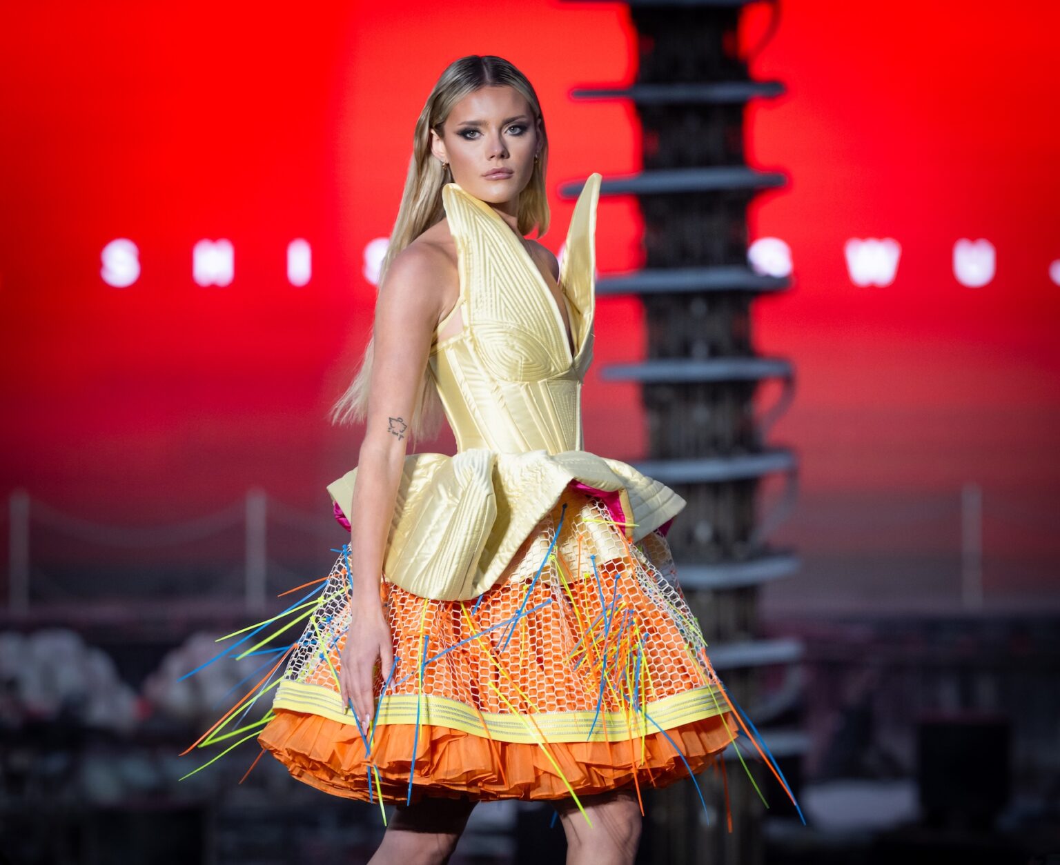 WUXI, CHINA - MARCH 19: Model Kalista Ganz walks the runway at the Merlin Castell show during Art Hearts Fashion Wuxi China at Smile Square Nianhua Bay on March 19, 2026 in Wuxi Jiangsu Province, China. (Photo by Mark Gunter/Getty Images for Art Hearts Fashion)