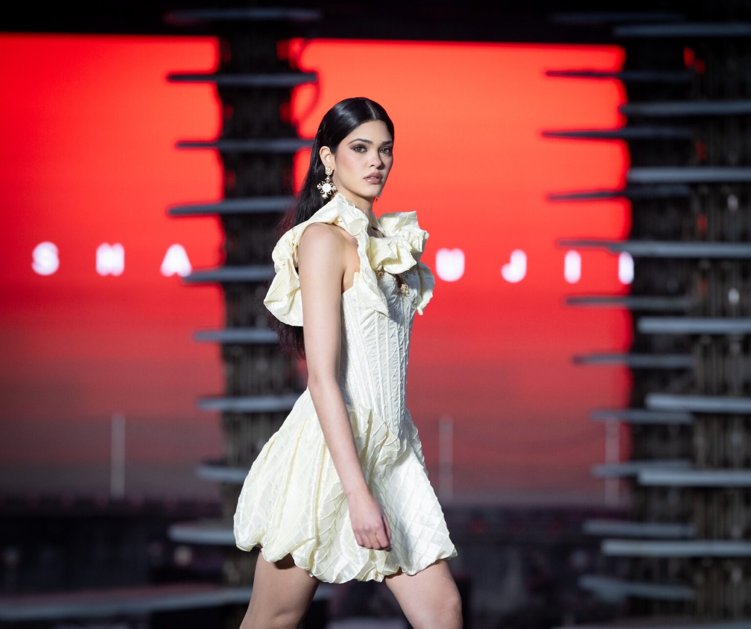 WUXI, CHINA - MARCH 19: Model Lorena Suarez walks the runway at the Maribel JD show during Art Hearts Fashion Wuxi China March 19, 2026 at Smile Square Nianhua Bay on March 19, 2026 in Wuxi Jiangsu Province, China. (Photo by Mark Gunter/Getty Images for Art Hearts Fashion)