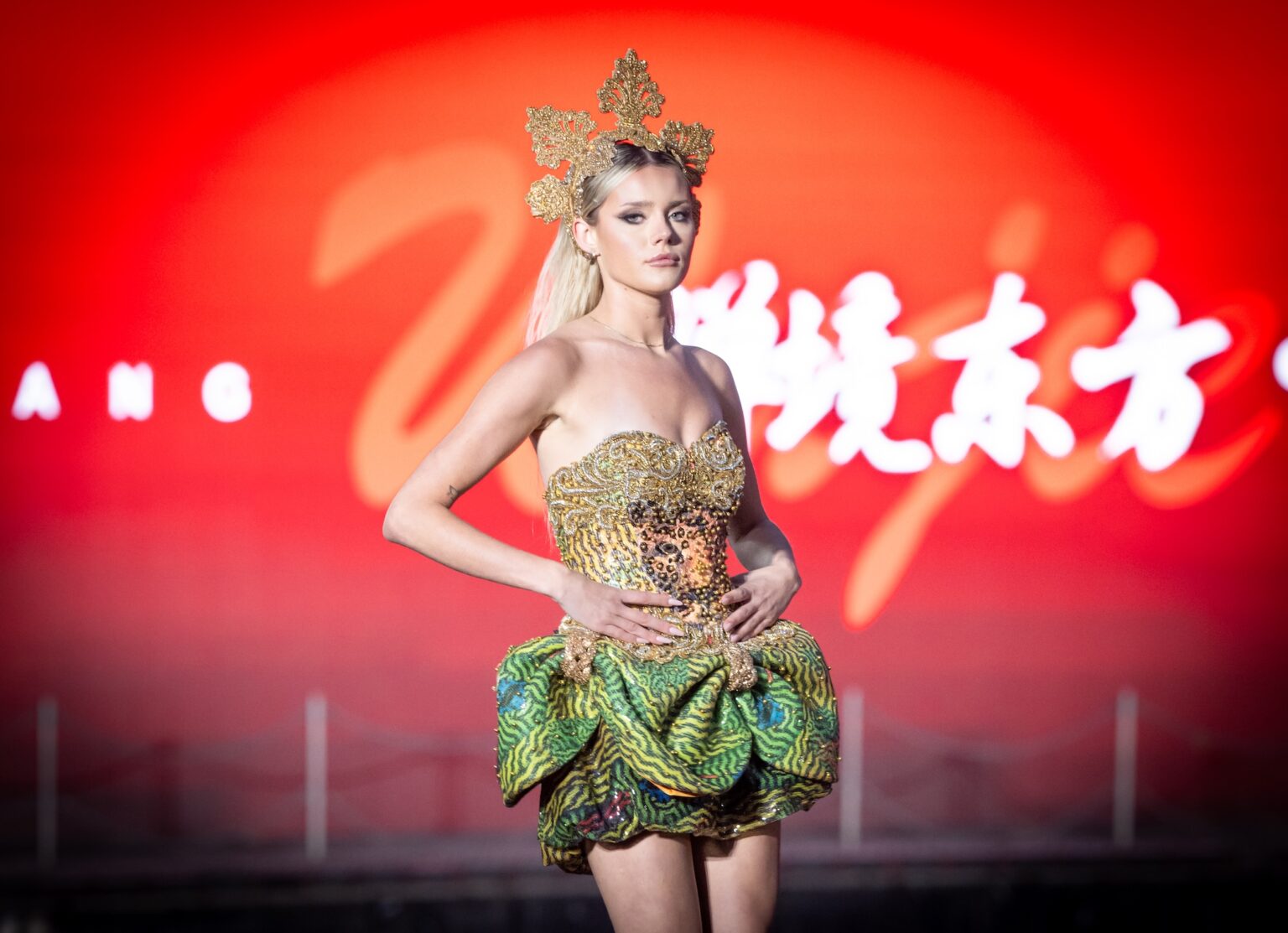 WUXI, CHINA - MARCH 19: Model Kalista Ganz walks the runway at the George Styler show during Art Hearts Fashion Wuxi China March 19, 2026 at Smile Square Nianhua Bay on March 19, 2026 in Wuxi Jiangsu Province, China. (Photo by Mark Gunter/Getty Images for Art Hearts Fashion)