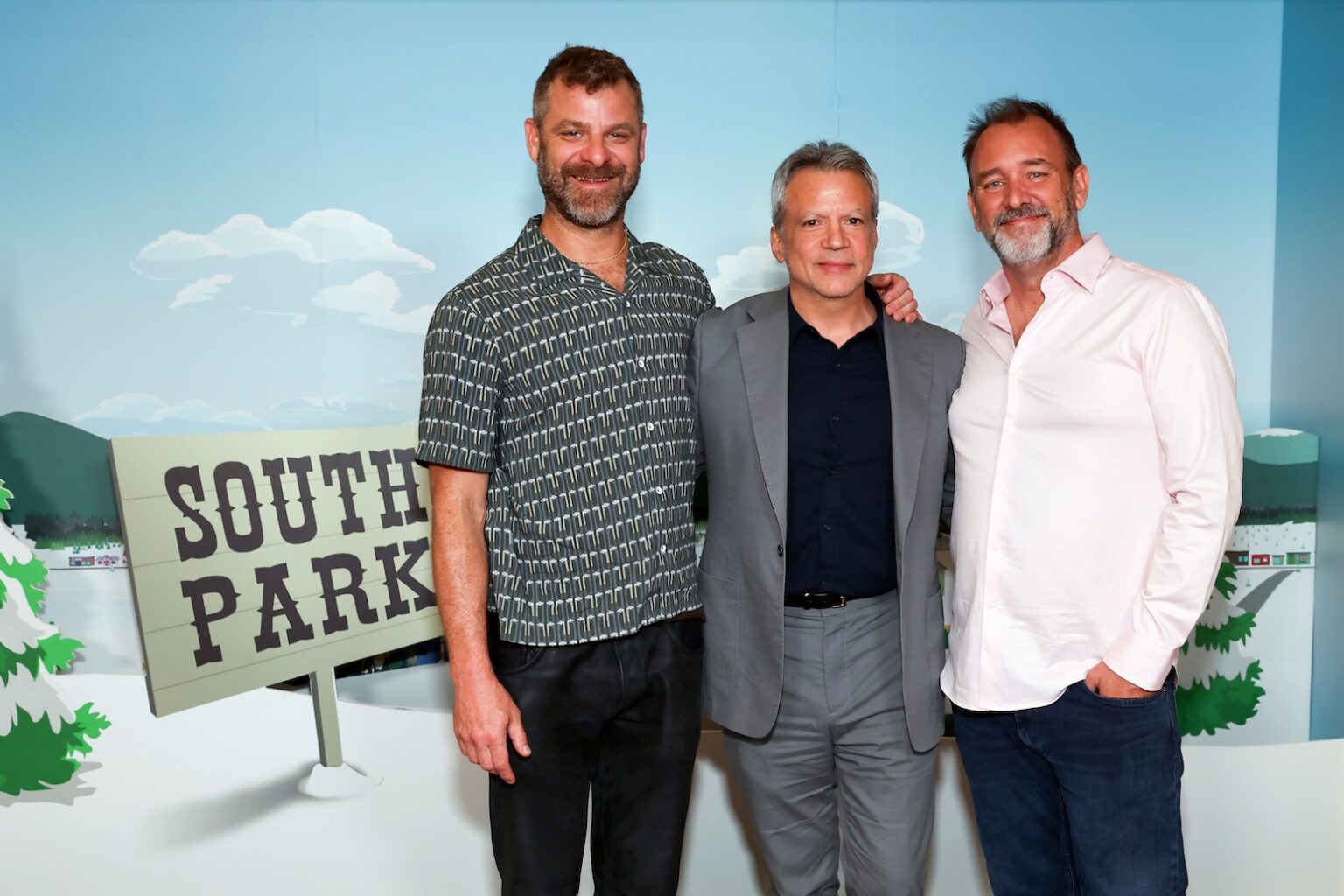 LOS ANGELES, CALIFORNIA - MAY 19: (L-R) Matt Stone, Michael De Luca and Trey Parker attend Comedy Central's "South Park" FYC Event at Linwood Dunn Theater on May 19, 2026 in Los Angeles, California. (Photo by Leon Bennett/Getty Images for Paramount+)