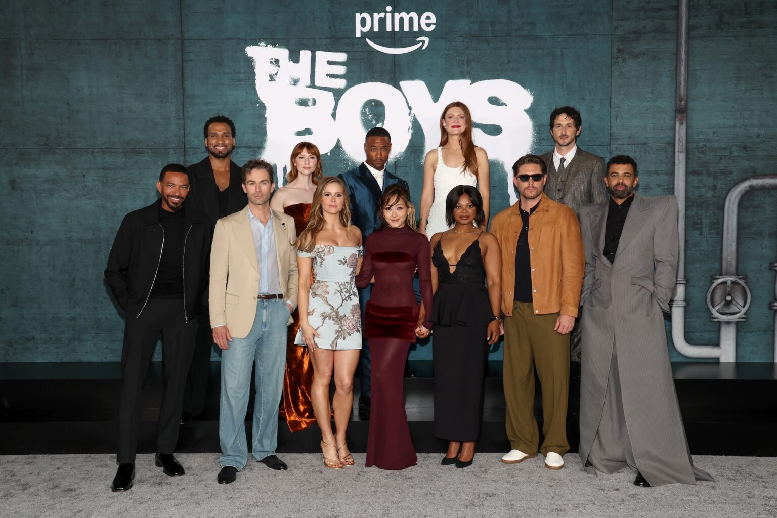LOS ANGELES, CALIFORNIA - MAY 19: (L-R) Laz Alonso, Nathan Mitchell, Chace Crawford, Valorie Curry, Erin Moriarty, Jessie T. Usher, Karen Fukuhara, Colby Minifie, Susan Heyward, Jensen Ackles, Tomer Capone and Daveed Diggs attend "The Boys" series finale red carpet on May 19, 2026 in Los Angeles, California. (Photo by Phillip Faraone/Getty Images for Prime Video)
