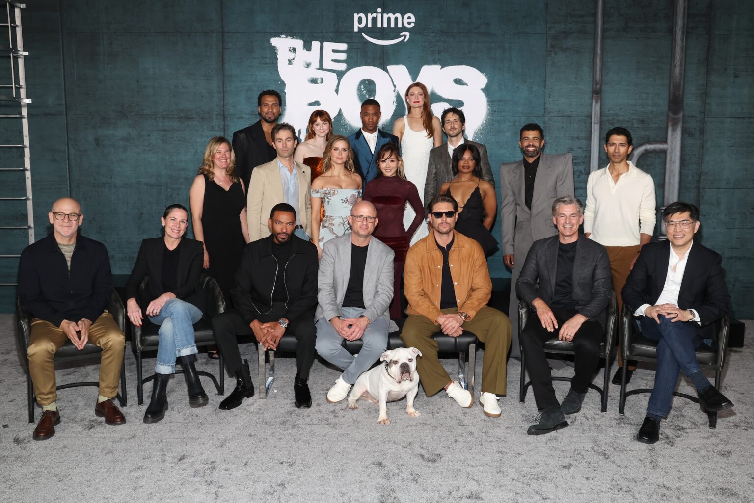 LOS ANGELES, CALIFORNIA - MAY 19: (L-R) Peter Friedlander, Head of Global TV, Amazon MGM Studios, Katherine Pope, President, Sony Pictures Television, Michaela Starr, Nathan Mitchell, Laz Alonso, Chace Crawford, Valorie Curry, Erin Moriarty, Eric Kripke, Jessie T. Usher, Karen Fukuhara, Colby Minifie, Jensen Ackles, Tomer Capone, Susan Heyward, Daveed Diggs, Mike Hopkins, Worldwide Head of Prime Video & Amazon MGM Studios Studios, Pavun Shetty and Albert Cheng, Head of AI Studios, Amazon MGM Studios attend "The Boys" series finale red carpet on May 19, 2026 in Los Angeles, California. (Photo by Phillip Faraone/Getty Images for Prime Video)