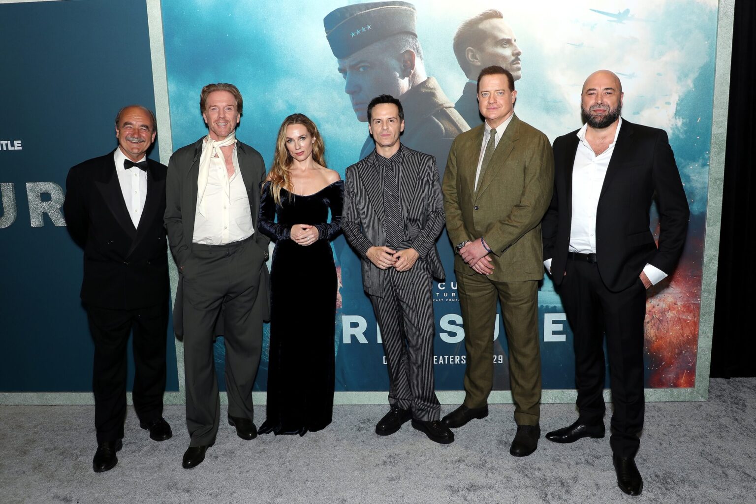 New York, New York - 5/26/26 - (L-R) David Haig (Co-Writer), Damian Lewis, Kerry Condon, Brendan Fraser, Andrew Scott and Anthony Maras (Director) attends the World Premiere of Focus Features’ “PRESSURE” - PICTURED: (L-R) David Haig (Co-Writer), Damian Lewis, Kerry Condon, Brendan Fraser, Andrew Scott and Anthony Maras (Director) - PHOTO by: Marion Curtis / StarPix for Focus Features - Location: AMC Lincoln Square