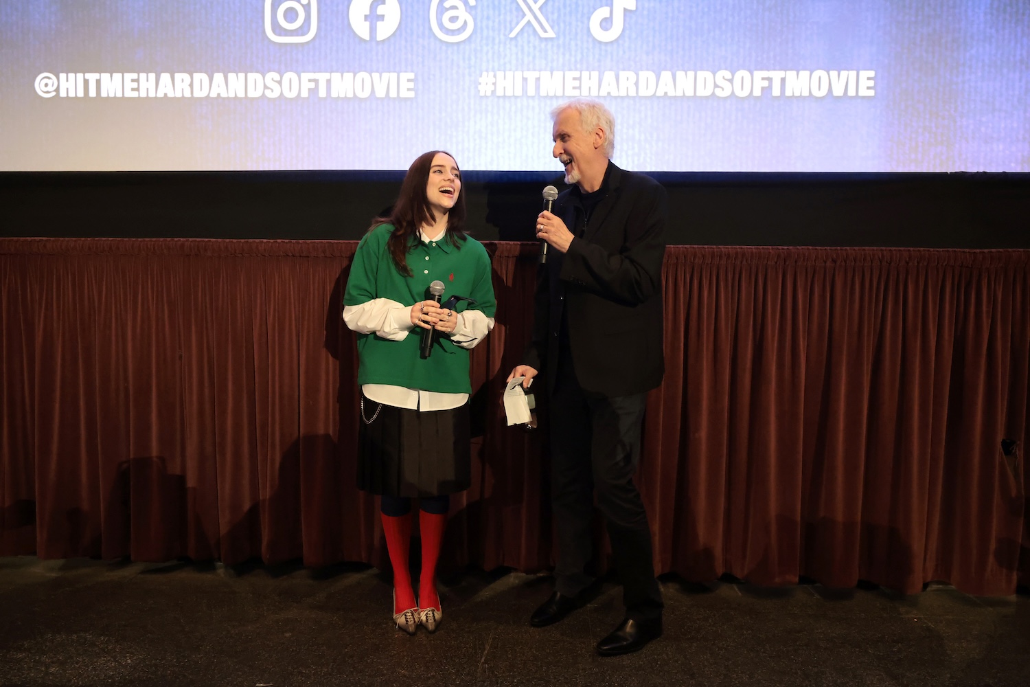 LOS ANGELES, CALIFORNIA - MAY 06: Billie Eilish (L) and James Cameron attend the "Billie Eilish Hit Me Hard and Soft: The Tour Live in 3D" US Premiere at the Historic Village Theatre on May 06, 2026, in Los Angeles, California. (Photo by Eric Charbonneau/Getty Images for Paramount Pictures)