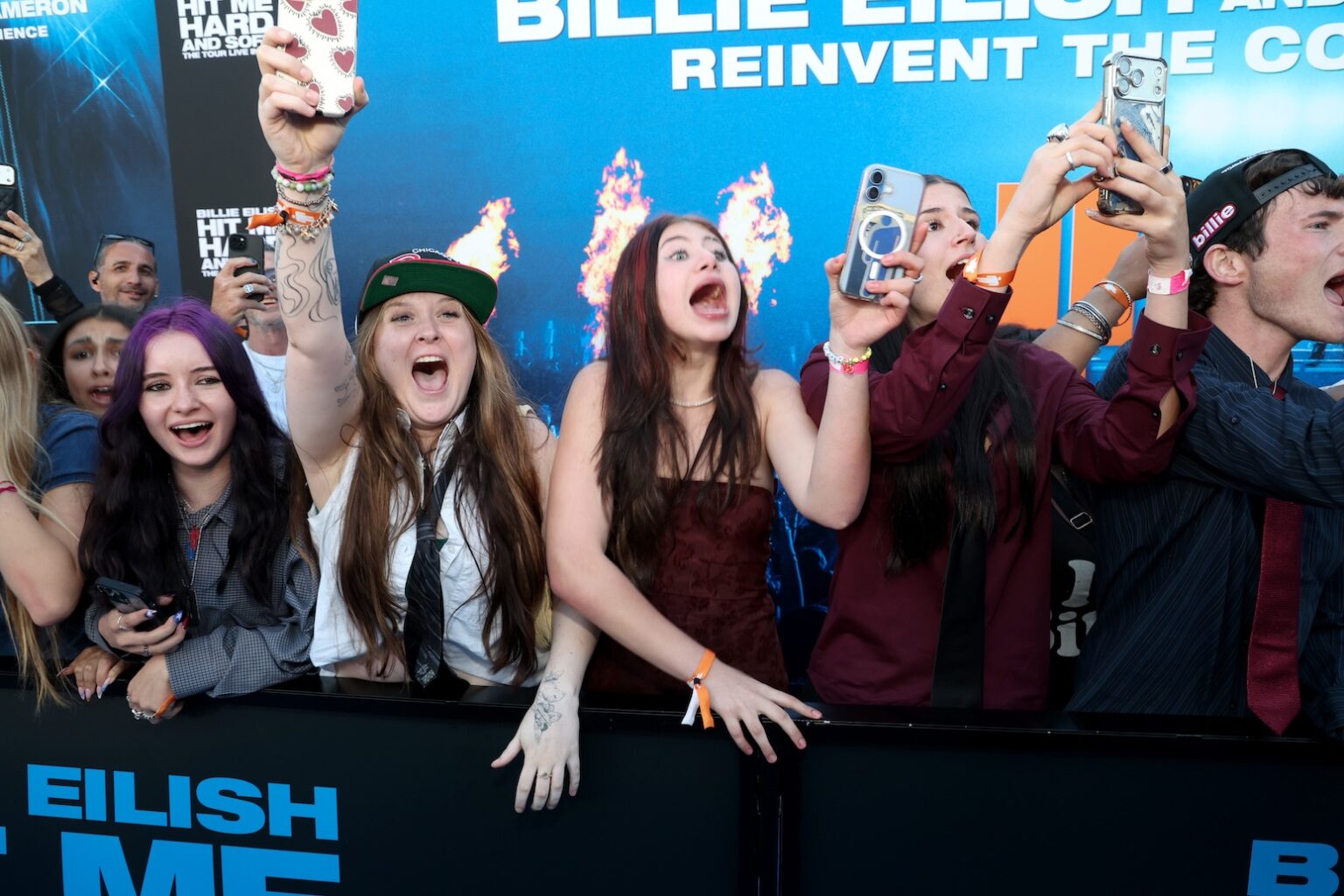 LOS ANGELES, CALIFORNIA - MAY 06: Fans attend the "Billie Eilish Hit Me Hard and Soft: The Tour Live in 3D" US Premiere at the Historic Village Theatre on May 06, 2026, in Los Angeles, California. (Photo by Phillip Faraone/Getty Images for Paramount Pictures)
