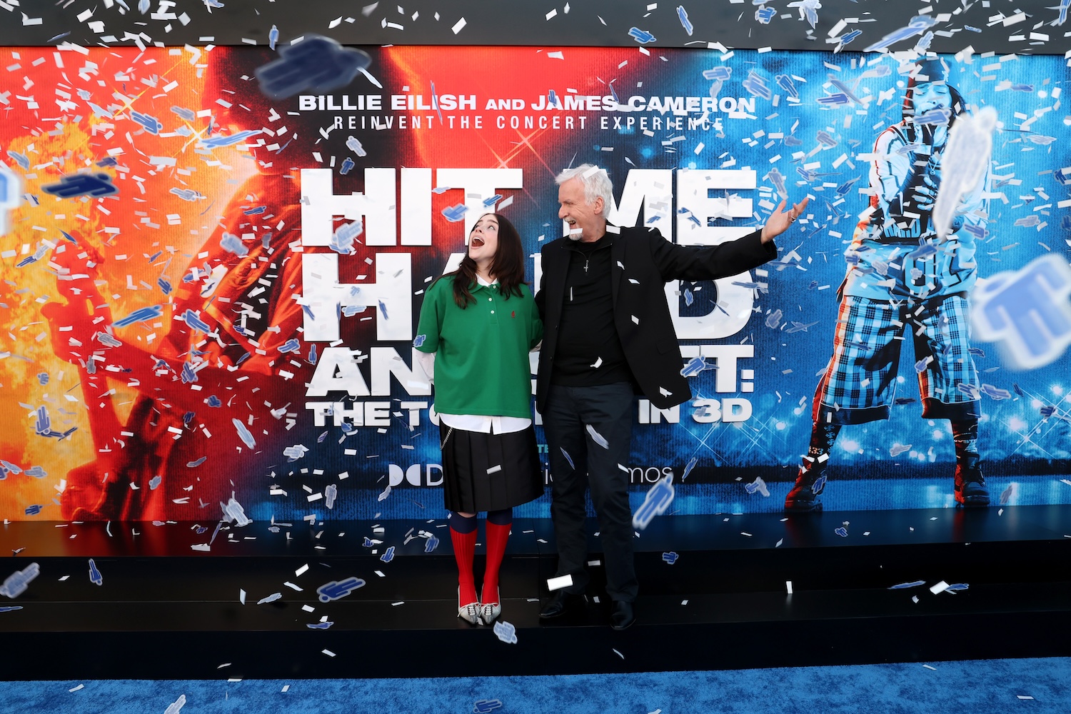 LOS ANGELES, CALIFORNIA - MAY 06: (L-R) Billie Eilish and James Cameron attend the "Billie Eilish Hit Me Hard and Soft: The Tour Live in 3D" US Premiere at the Historic Village Theatre on May 06, 2026, in Los Angeles, California. (Photo by Phillip Faraone/Getty Images for Paramount Pictures)