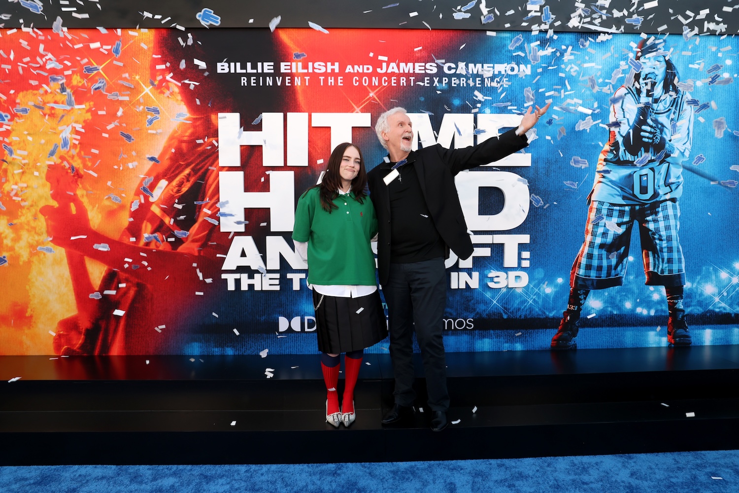 LOS ANGELES, CALIFORNIA - MAY 06: (L-R) Billie Eilish and James Cameron attend the "Billie Eilish Hit Me Hard and Soft: The Tour Live in 3D" US Premiere at the Historic Village Theatre on May 06, 2026, in Los Angeles, California. (Photo by Phillip Faraone/Getty Images for Paramount Pictures)