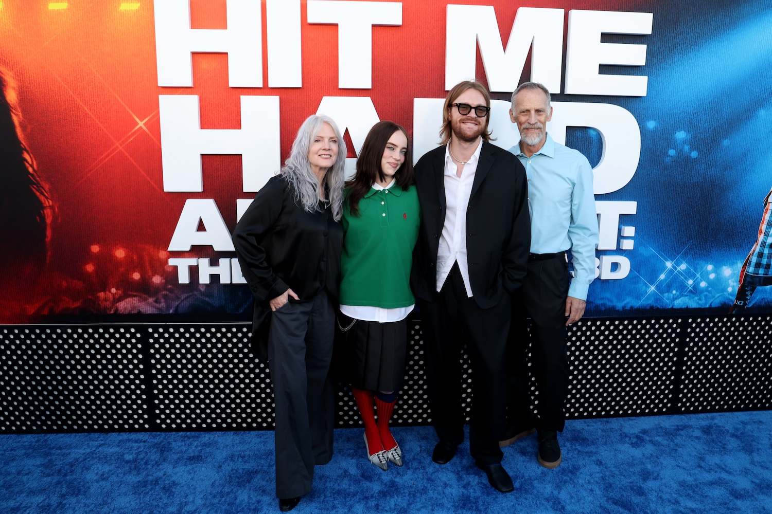LOS ANGELES, CALIFORNIA - MAY 06: (L-R) Maggie Baird, Billie Eilish, FINNEAS and Patrick O'Connell attend the "Billie Eilish Hit Me Hard and Soft: The Tour Live in 3D" US Premiere at the Historic Village Theatre on May 06, 2026, in Los Angeles, California. (Photo by Phillip Faraone/Getty Images for Paramount Pictures)