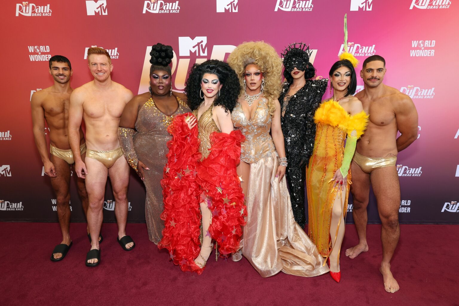 PACOIMA, CALIFORNIA - MAY 31: (L-R) Javéntino, Bryce Eilenberg, Kenya Pleaser, Myki Meeks, Mia Starr, Discord Addams, Mandy Mango, and Bruno Alcantara attend "RuPaul's Drag Race" Season 18 FYC Event on May 31, 2026 in Pacoima, California. (Photo by Jesse Grant/Getty Images for MTV)
