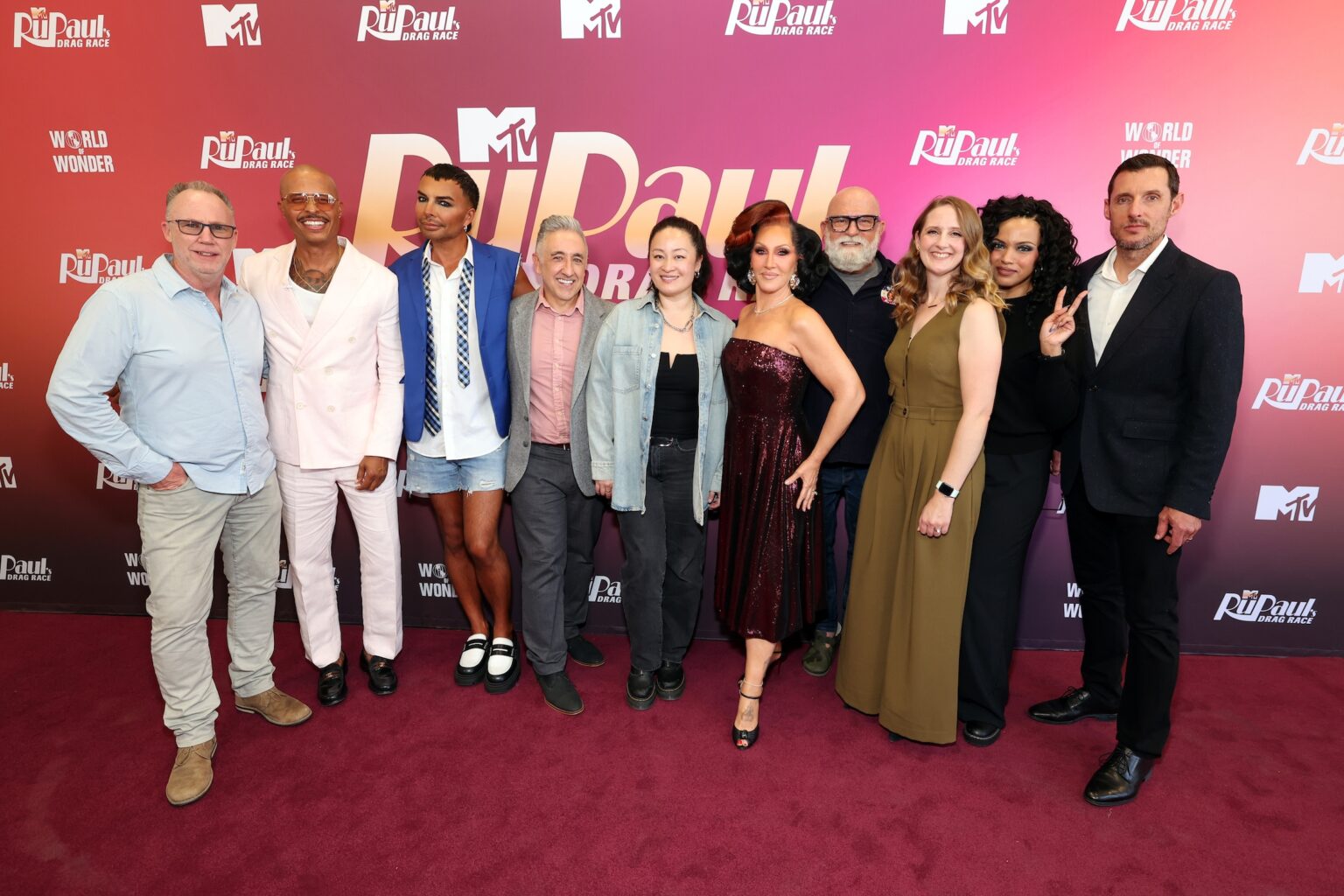 PACOIMA, CALIFORNIA - MAY 31: (L-R) Nick Murray, Jamal Sims, Raven, Gus Dominguez, Jen Chu, Michelle Visage, Tom Campbell, Jamie Martin, Natasha Marcelina and Michael Jacob Kerber attend "RuPaul's Drag Race" Season 18 FYC Event on May 31, 2026 in Pacoima, California. (Photo by Jesse Grant/Getty Images for MTV)