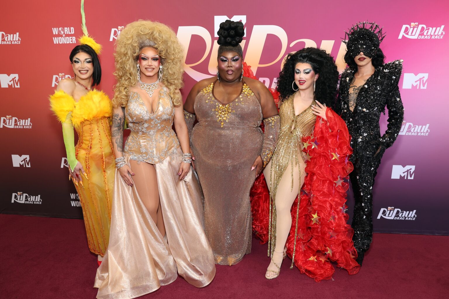 PACOIMA, CALIFORNIA - MAY 31: (L-R) Mandy Mango, Mia Starr, Kenya Pleaser, Myki Meeks, and Discord Addams attend "RuPaul's Drag Race" Season 18 FYC Event on May 31, 2026 in Pacoima, California. (Photo by Jesse Grant/Getty Images for MTV)