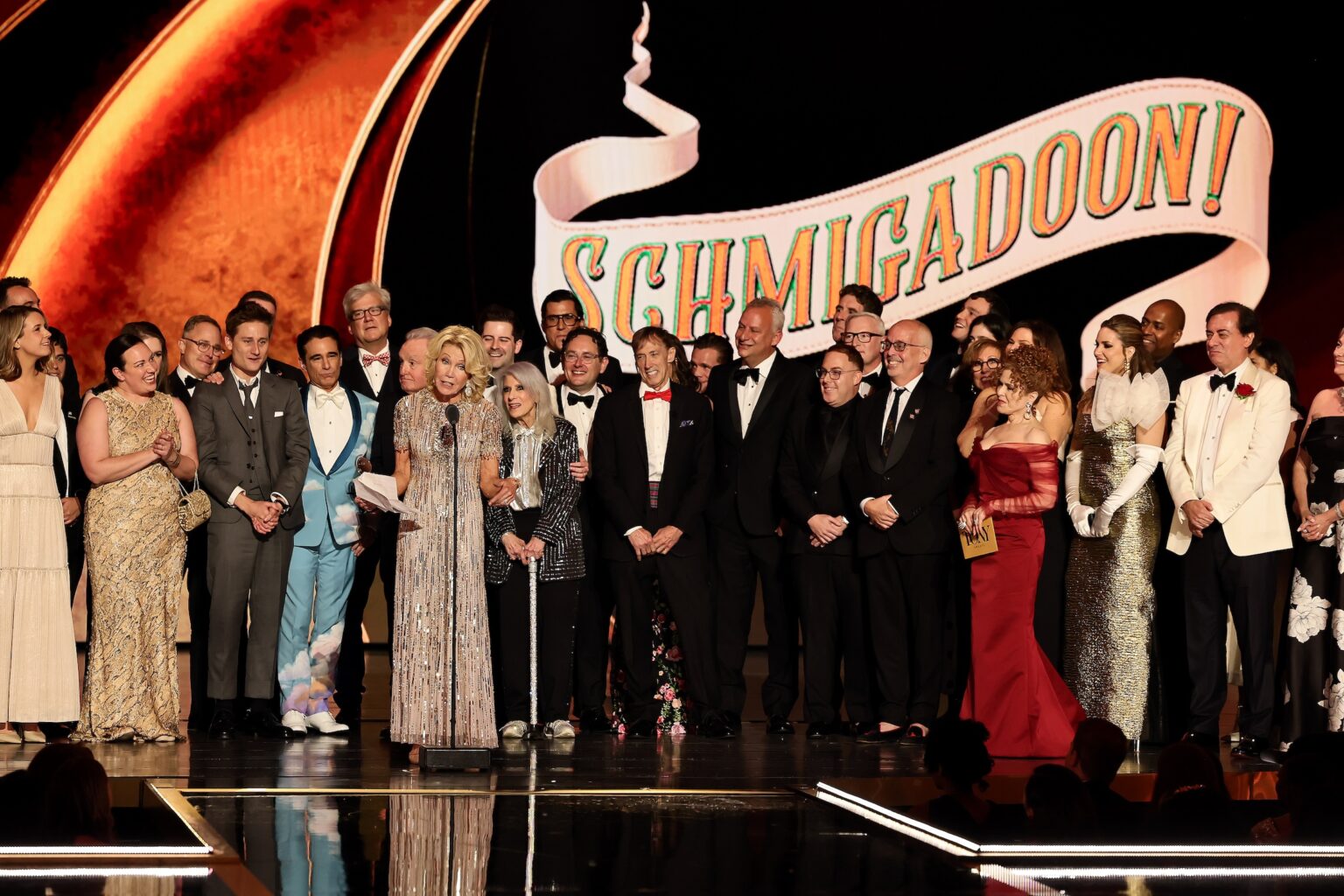 NEW YORK, NEW YORK - JUNE 07: Christine Schwarzman accepts the Best Musical award for Schmigadoon! alongside cast and crew onstage during The 79th Annual Tony Awards at Radio City Music Hall on June 07, 2026 in New York City. (Photo by Theo Wargo/Getty Images for Tony Awards Productions)