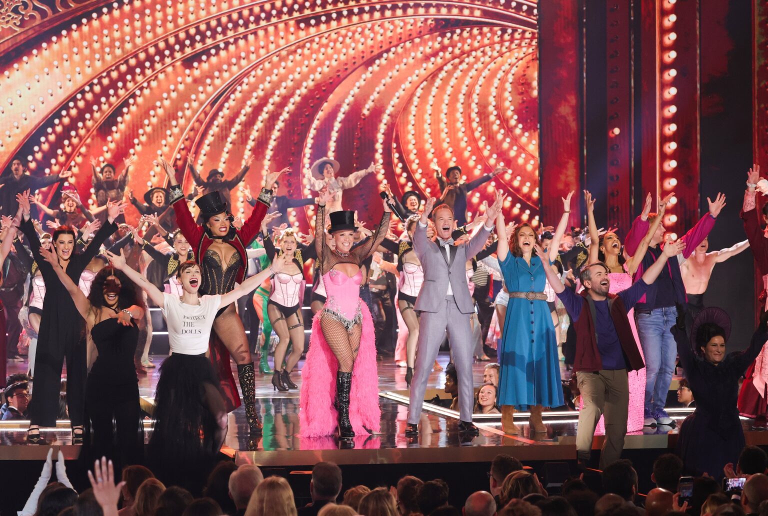 NEW YORK, NEW YORK - JUNE 07: Lea Michele, Leiomy, Dylan Mulvaney, Megan Thee Stallion, P!NK, Neil Patrick Harris, Shoshana Bean and Alex Brightman perform onstage during The 79th Annual Tony Awards at Radio City Music Hall on June 07, 2026 in New York City. (Photo by Kevin Mazur/Getty Images for Tony Awards Productions)