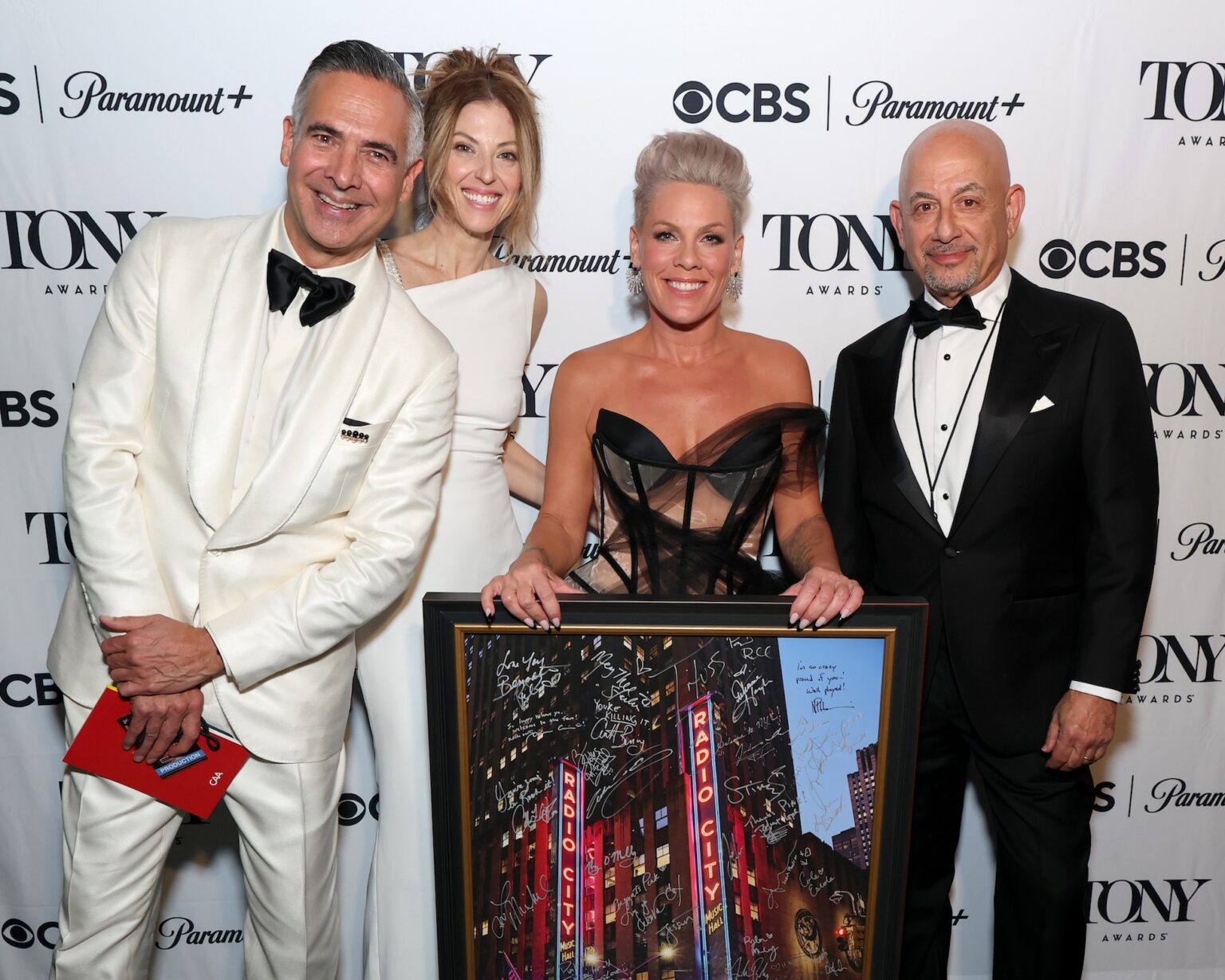 NEW YORK, NEW YORK - JUNE 07: (L-R) Raj Kapoor, Sarah Levine Hall, P!NK and Jack Sussman attend The 79th Annual Tony Awards at Radio City Music Hall on June 07, 2026 in New York City. (Photo by Kevin Mazur/Getty Images for Tony Awards Productions)