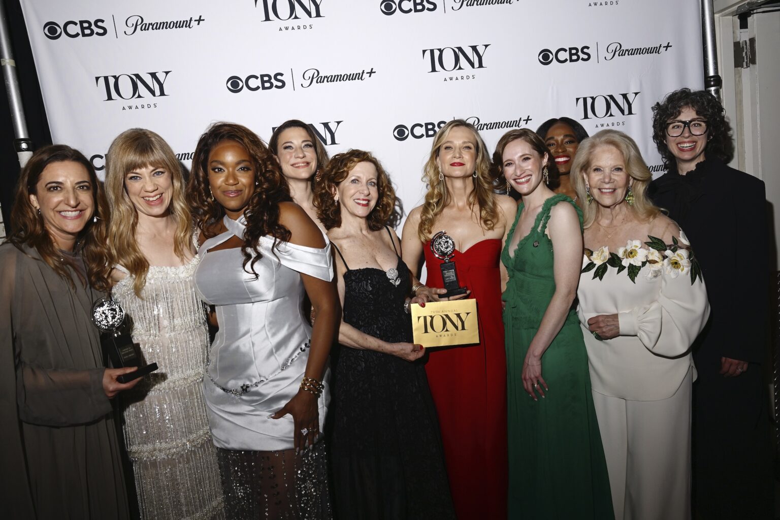 NEW YORK, NEW YORK - JUNE 07: (L-R) Eva Price, Susannah Flood, Whitney White, Irene Sofia Lucio, Betsy Aidem, Bess Wohl, Rachel Sussman, Kristolyn Lloyd, Daryl Roth and Adina Verson pose backstage during The 79th Annual Tony Awards at Radio City Music Hall on June 07, 2026 in New York City. (Photo by Valerie Terranova/Getty Images for Cunard)
