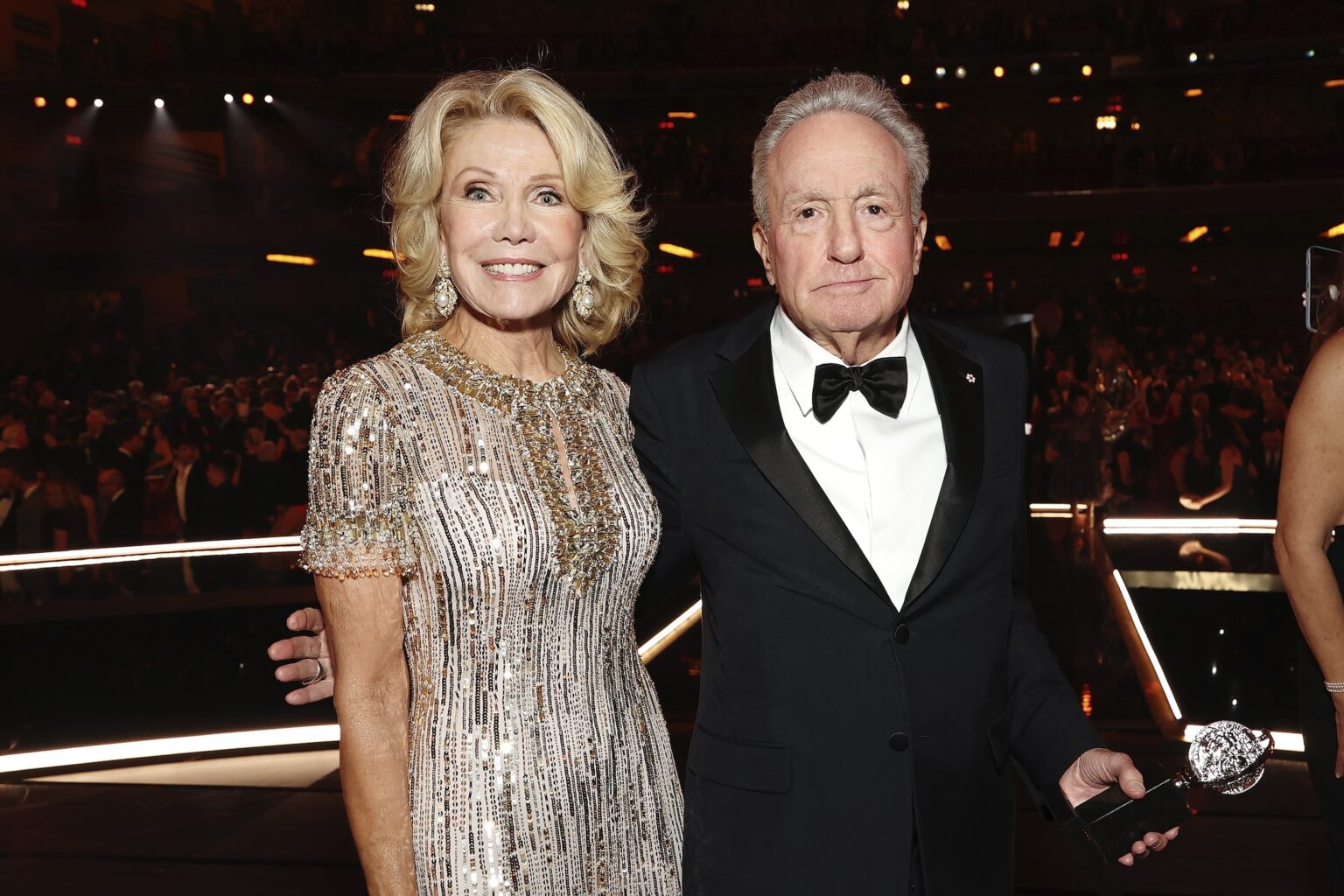 NEW YORK, NEW YORK - JUNE 07: (L-R) Christine Schwarzman and Lorne Michaels, winners of the Best Musical award for Schmigadoon!, react backstage during The 79th Annual Tony Awards at Radio City Music Hall on June 07, 2026 in New York City. (Photo by Kevin Mazur/Getty Images for Tony Awards Productions)
