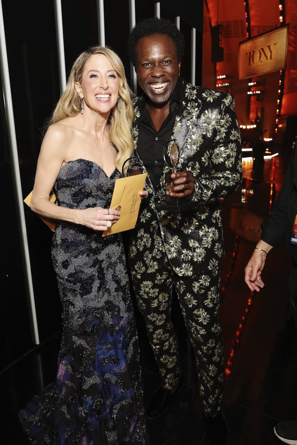 NEW YORK, NEW YORK - JUNE 07: Caissie Levy, winner of the Best Performance by an Actress in a Leading Role in a Musical award for Ragtime, and Joshua Henry, winner of the Best Performance by an Actor in a Leading Role in a Musical, react backstage during The 79th Annual Tony Awards at Radio City Music Hall on June 07, 2026 in New York City. (Photo by Kevin Mazur/Getty Images for Tony Awards Productions)