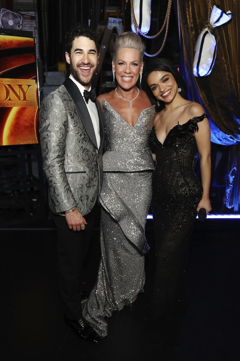 NEW YORK, NEW YORK - JUNE 07: (L-R) Darren Criss, P!NK and Rachel Zegler pose backstage during The 79th Annual Tony Awards at Radio City Music Hall on June 07, 2026 in New York City. (Photo by Kevin Mazur/Getty Images for Tony Awards Productions)
