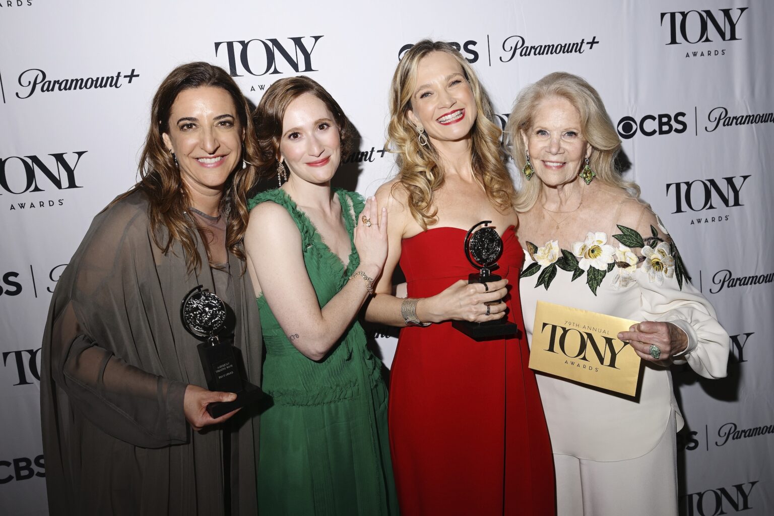 NEW YORK, NEW YORK - JUNE 07: (L-R) Eva Price, Rachel Sussman, Bess Wohl and Daryl Roth pose backstage during The 79th Annual Tony Awards First Impression's Presented by City National Bank at Radio City Music Hall on June 07, 2026 in New York City. (Photo by Valerie Terranova/Getty Images for Cunard)