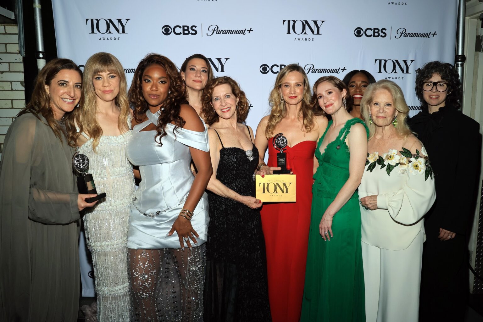 NEW YORK, NEW YORK - JUNE 07: (L-R) Eva Price, Susannah Flood, Whitney White, Irene Sofia Lucio, Betsy Aidem, Bess Wohl, Rachel Sussman, Kristolyn Lloyd, Daryl Roth, and Adina Verson backstage during The 79th Annual Tony Awards at Radio City Music Hall on June 07, 2026 in New York City. (Photo by Jemal Countess/Getty Images for Tony Awards Productions)