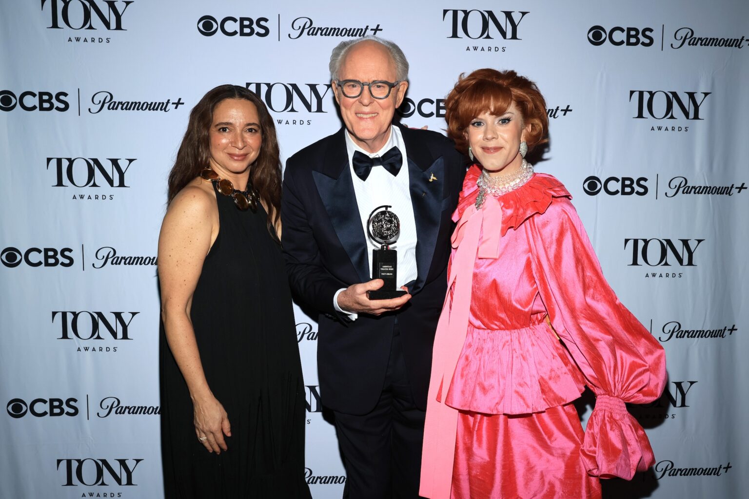 NEW YORK, NEW YORK - JUNE 07: (L-R) Maya Rudolph, John Lithgow, and Cole Escola pose backstage during The 79th Annual Tony Awards at Radio City Music Hall on June 07, 2026 in New York City. (Photo by Jemal Countess/Getty Images for Tony Awards Productions)