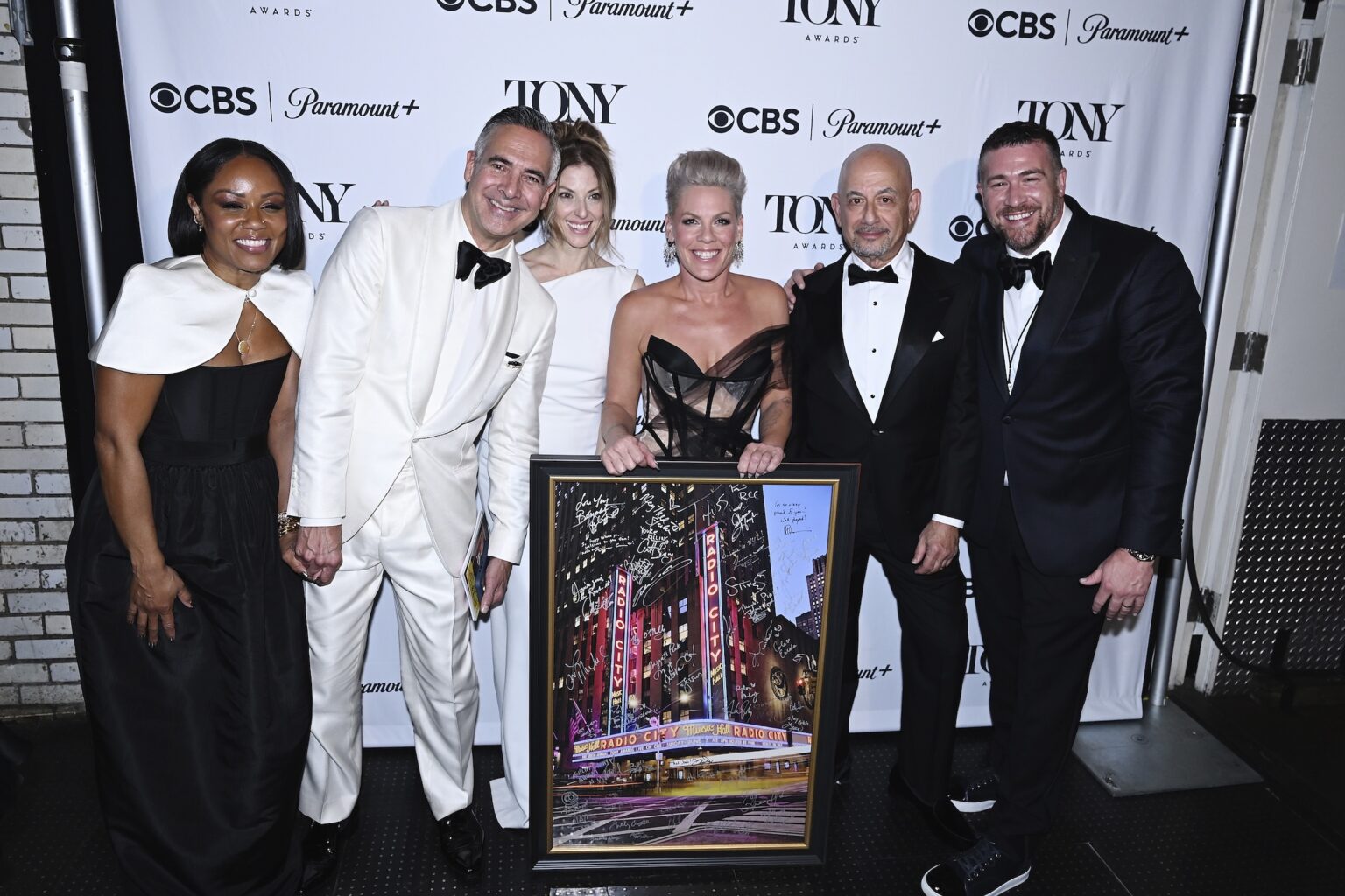 NEW YORK, NEW YORK - JUNE 07: (L-R) Eboni Nichols, Raj Kapoor, Sarah Levine Hall, P!NK, Jack Sussman and Patrick Menton attend The 79th Annual Tony Awards at Radio City Music Hall on June 07, 2026 in New York City. (Photo by Jenny Anderson/Getty Images for Tony Awards Productions)