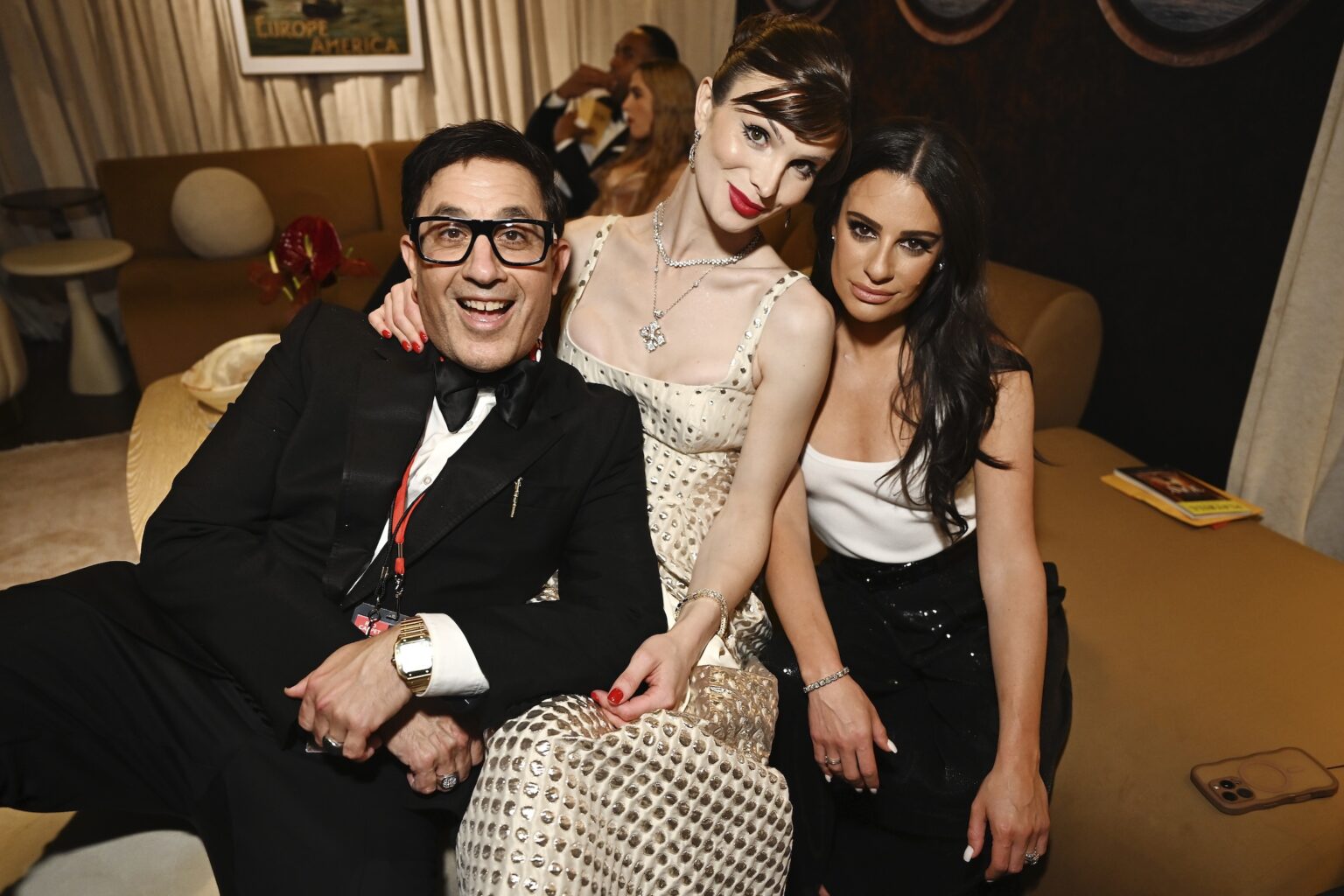 NEW YORK, NEW YORK - JUNE 07: (L-R) Jason Weinberg, Dylan Mulvaney and Lea Michele attend The 79th Annual Tony Awards at Radio City Music Hall on June 07, 2026 in New York City. (Photo by Jenny Anderson/Getty Images for Tony Awards Productions)