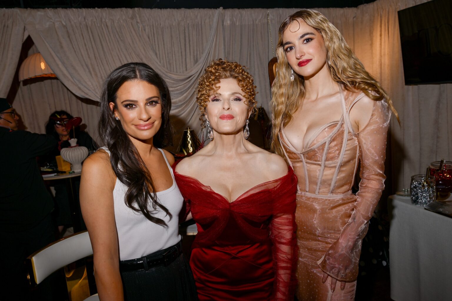 NEW YORK, NEW YORK - JUNE 07: (L-R) Lea Michele, Bernadette Peters and Hannah Cruz attend The 79th Annual Tony Awards Green Room Presented By Cunard at Radio City Music Hall on June 07, 2026 in New York City. (Photo by Valerie Terranova/Getty Images for Cunard)