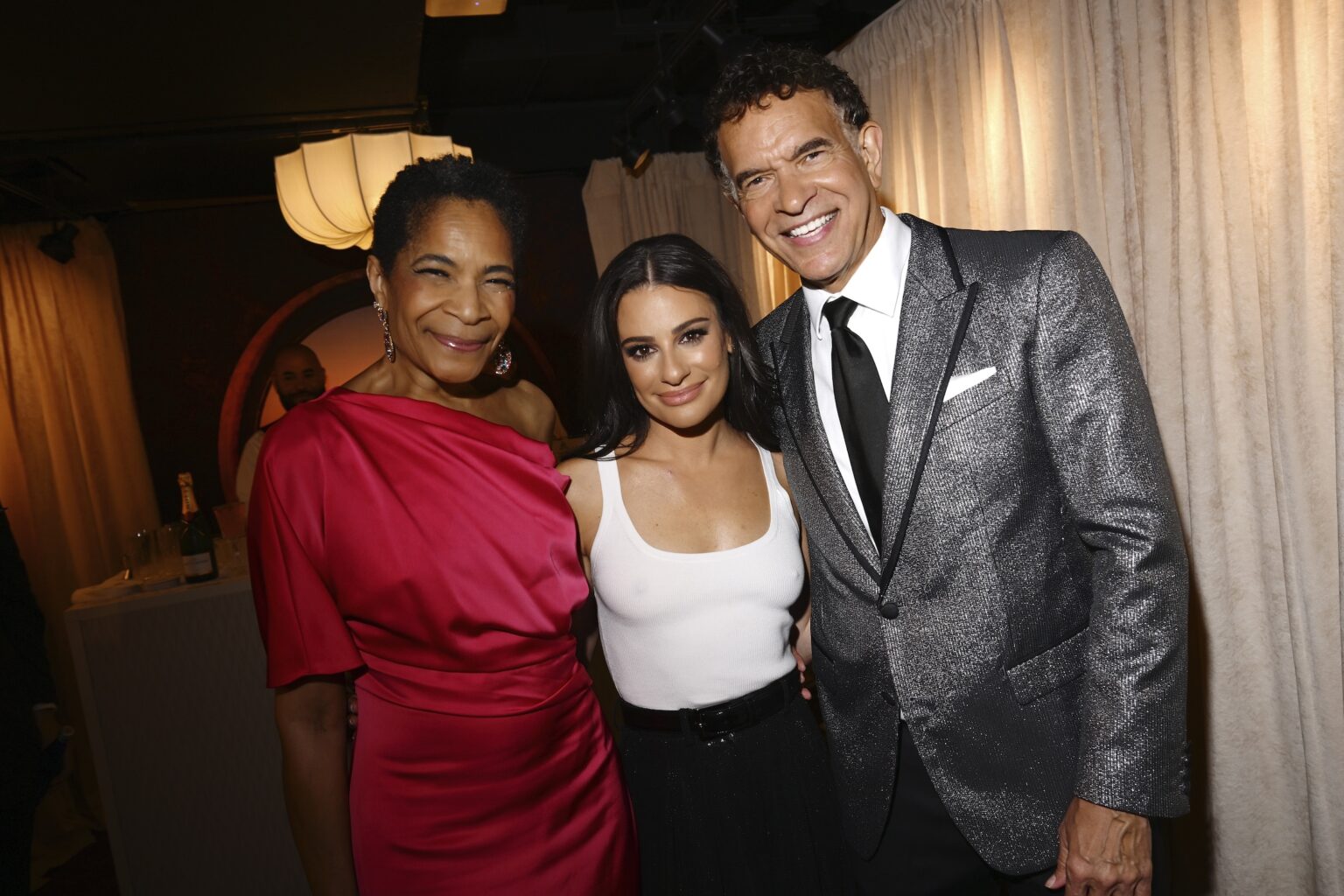 NEW YORK, NEW YORK - JUNE 07: (L-R) Allyson Tucker, Lea Michele and Brian Stokes Mitchell attend The 79th Annual Tony Awards Green Room Presented By Cunard at Radio City Music Hall on June 07, 2026 in New York City. (Photo by Valerie Terranova/Getty Images for Cunard)
