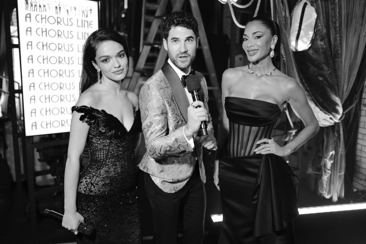 NEW YORK, NEW YORK - JUNE 07: (EDITORS NOTE: Image has been shot in black and white. Color version not available.) (L-R) Rachel Zegler, Darren Criss and Nicole Scherzinger attend The 79th Annual Tony Awards at Radio City Music Hall on June 07, 2026 in New York City. (Photo by Jenny Anderson/Getty Images for Tony Awards Productions)