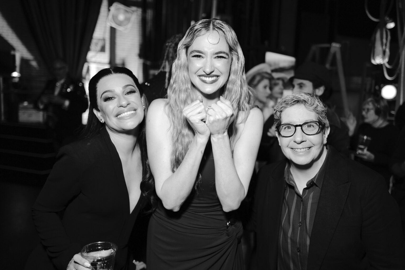 NEW YORK, NEW YORK - JUNE 07: (EDITORS NOTE: Image has been shot in black and white. Color version not available.) Lea Michele (L) and Hannah Cruz (C) attend The 79th Annual Tony Awards at Radio City Music Hall on June 07, 2026 in New York City. (Photo by Jenny Anderson/Getty Images for Tony Awards Productions)