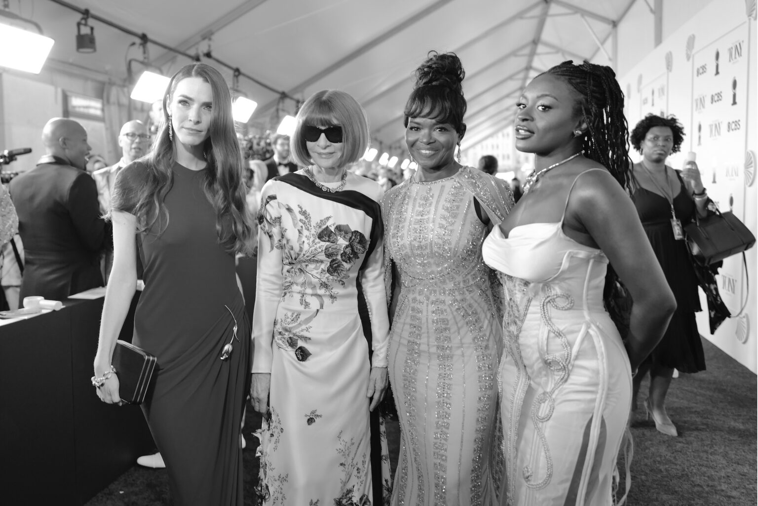 NEW YORK, NEW YORK - JUNE 07: (EDITORS NOTE: Image has been shot in black and white. Color version not available.) (L-R) Bee Carrozzini, Anna Wintour, LaChanze and Celia Rose Gooding attend The 79th Annual Tony Awards at Radio City Music Hall on June 07, 2026 in New York City. (Photo by Jenny Anderson/Getty Images for Tony Awards Productions)