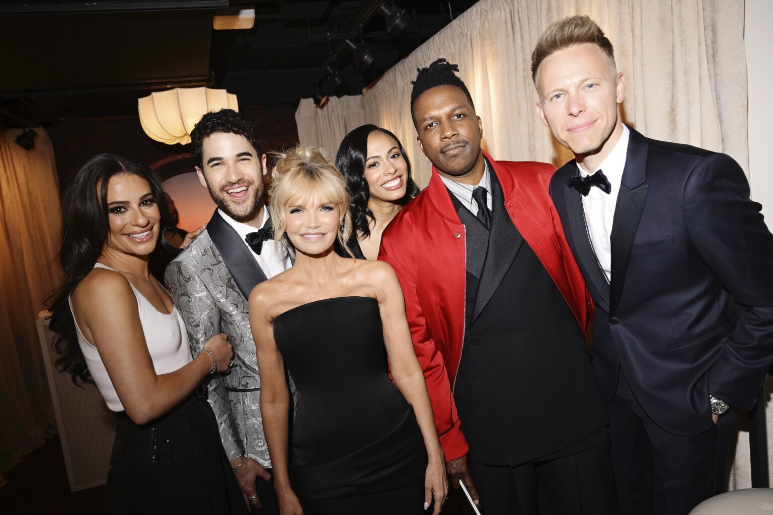 NEW YORK, NEW YORK - JUNE 07: (L-R) Lea Michele, Darren Criss, Kristin Chenoweth, Nicolette Robinson, Leslie Odom Jr. and Justin Paul attend The 79th Annual Tony Awards Green Room Presented By Cunard at Radio City Music Hall on June 07, 2026 in New York City. (Photo by Valerie Terranova/Getty Images for Cunard)
