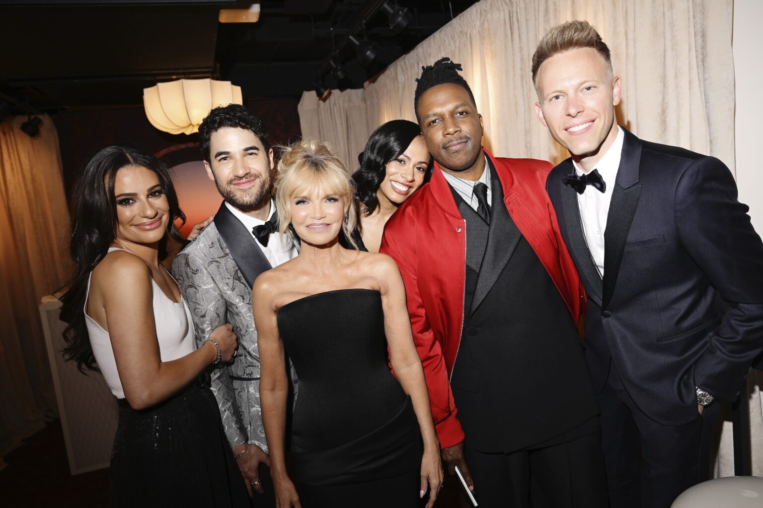 NEW YORK, NEW YORK - JUNE 07: (L-R) Lea Michele, Darren Criss, Kristin Chenoweth, Nicolette Robinson, Leslie Odom Jr. and Justin Paul attend The 79th Annual Tony Awards Green Room Presented By Cunard at Radio City Music Hall on June 07, 2026 in New York City. (Photo by Valerie Terranova/Getty Images for Cunard)