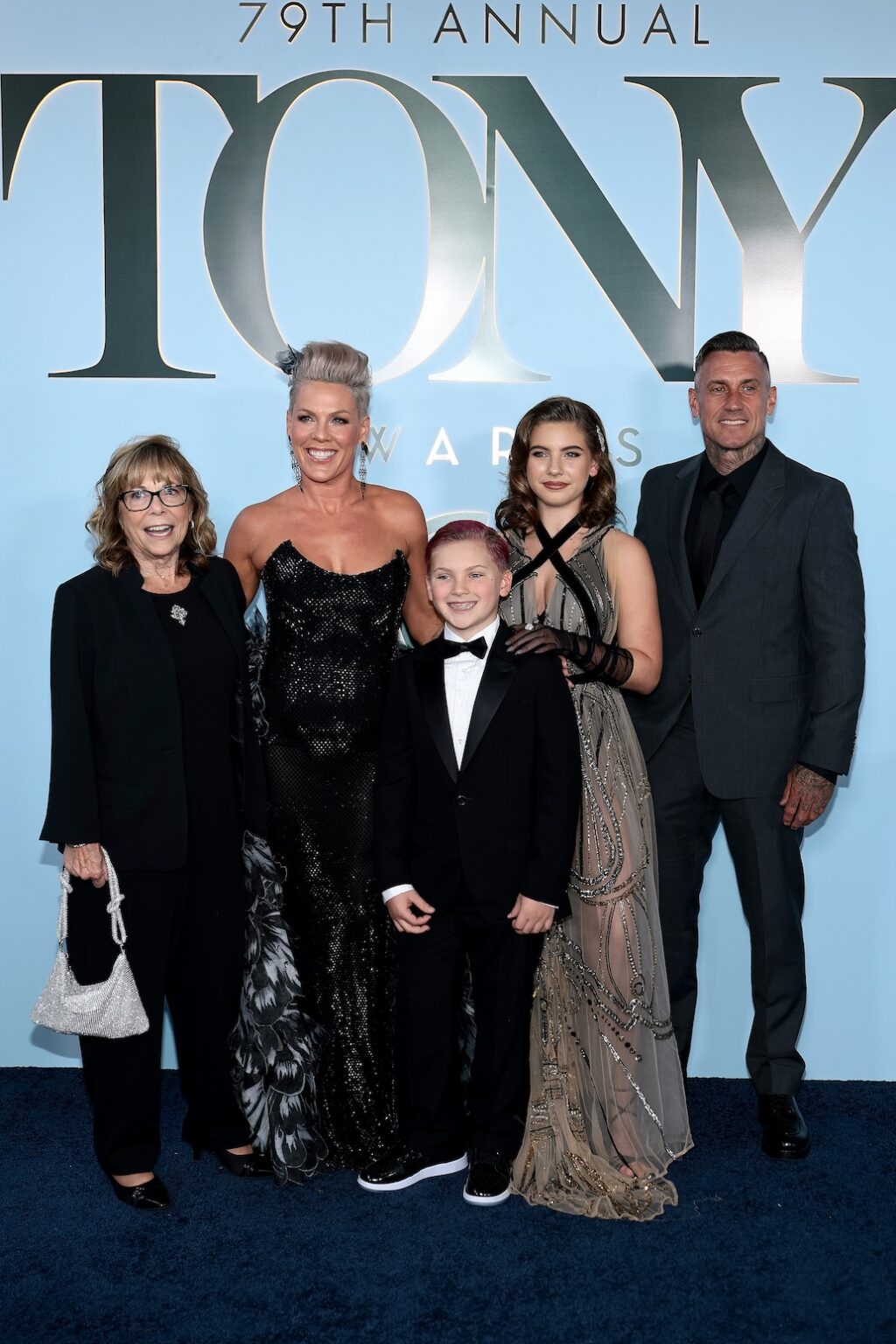 NEW YORK, NEW YORK - JUNE 07: (2nd L-R) Judith Moore, P!NK, Jameson Hart, Willow Hart and Carey Hart attend The 79th Annual Tony Awards at Radio City Music Hall on June 07, 2026 in New York City. (Photo by Dimitrios Kambouris/Getty Images for Tony Awards Productions)