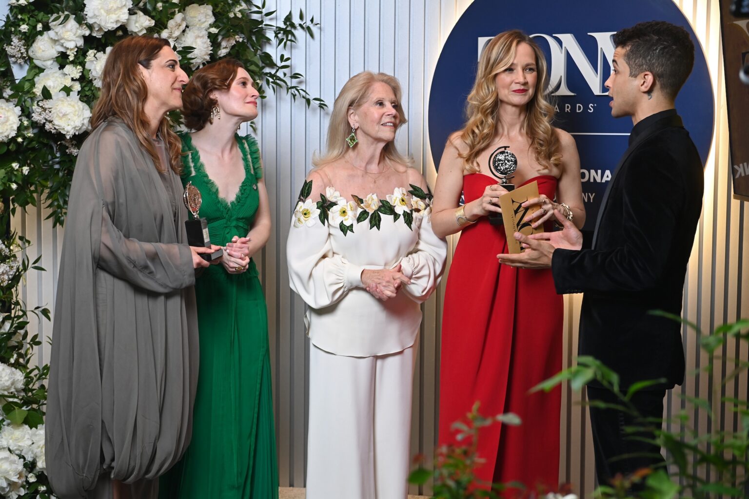 NEW YORK, NEW YORK - JUNE 07: (L-R) Eva Price, Rachel Sussman, Daryl Roth, Bess Wohl and Jordan Fisher attend The 79th Annual Tony Awards First Impression's Presented by City National Bank at Radio City Music Hall on June 07, 2026 in New York City. (Photo by Bryan Bedder/Getty Images for Tony Awards Productions)
