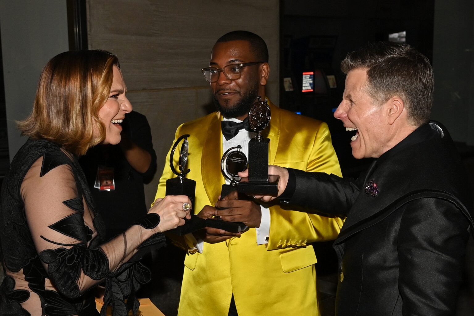 NEW YORK, NEW YORK - JUNE 07: (L-R) Shoshana Bean, Zhailon Levingston and Bill Rauch attend The 79th Annual Tony Awards First Impression's Presented by City National Bank at Radio City Music Hall on June 07, 2026 in New York City. (Photo by Bryan Bedder/Getty Images for Tony Awards Productions)
