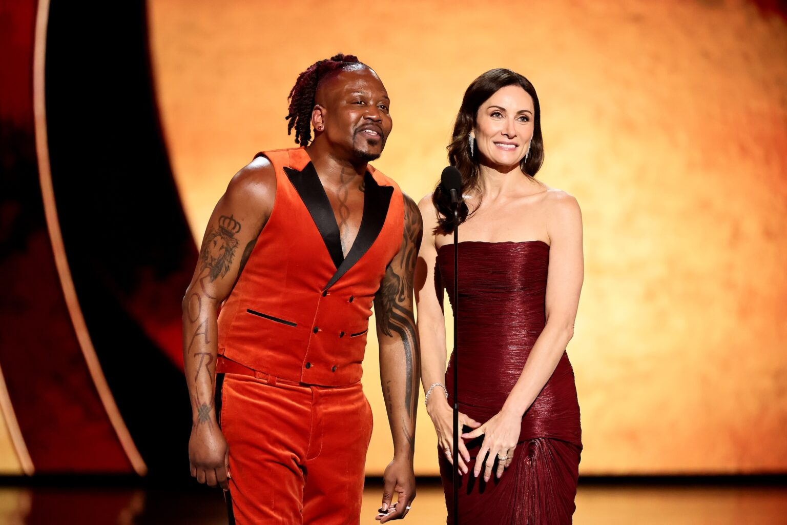 NEW YORK, NEW YORK - JUNE 07: (L-R) Tituss Burgess and Laura Benanti speak onstage during The 79th Annual Tony Awards at Radio City Music Hall on June 07, 2026 in New York City. (Photo by Theo Wargo/Getty Images for Tony Awards Productions)
