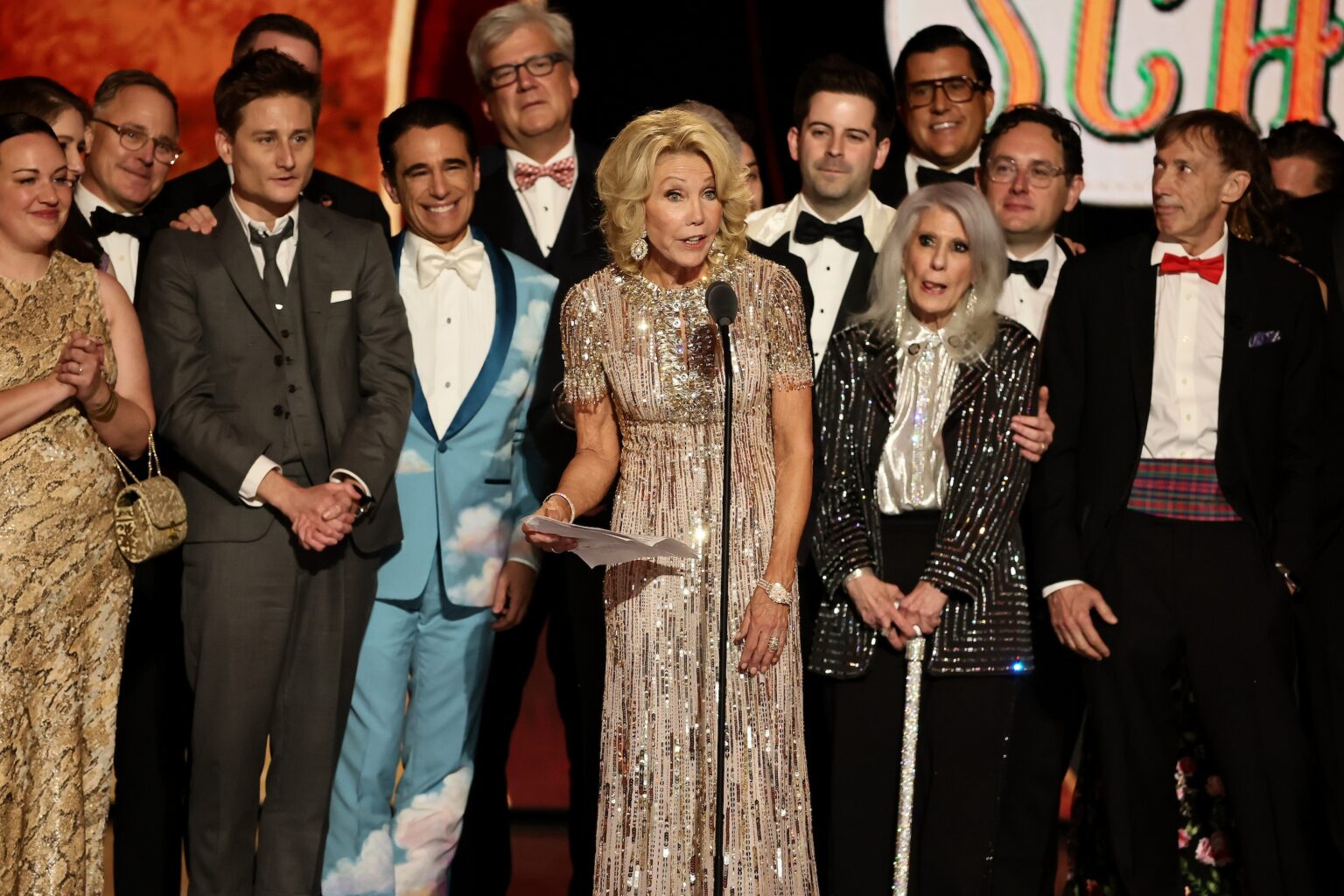 NEW YORK, NEW YORK - JUNE 07: Christine Schwarzman accepts the Best Musical award for Schmigadoon! alongside cast and crew onstage during The 79th Annual Tony Awards at Radio City Music Hall on June 07, 2026 in New York City. (Photo by Theo Wargo/Getty Images for Tony Awards Productions)