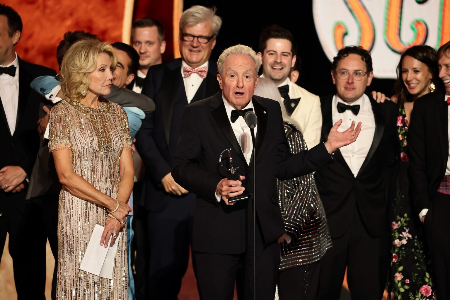 NEW YORK, NEW YORK - JUNE 07: (L-R) Christine Schwarzman and Lorne Michaels accept the Best Musical award for Schmigadoon! alongside cast and crew onstage during The 79th Annual Tony Awards at Radio City Music Hall on June 07, 2026 in New York City. (Photo by Theo Wargo/Getty Images for Tony Awards Productions)