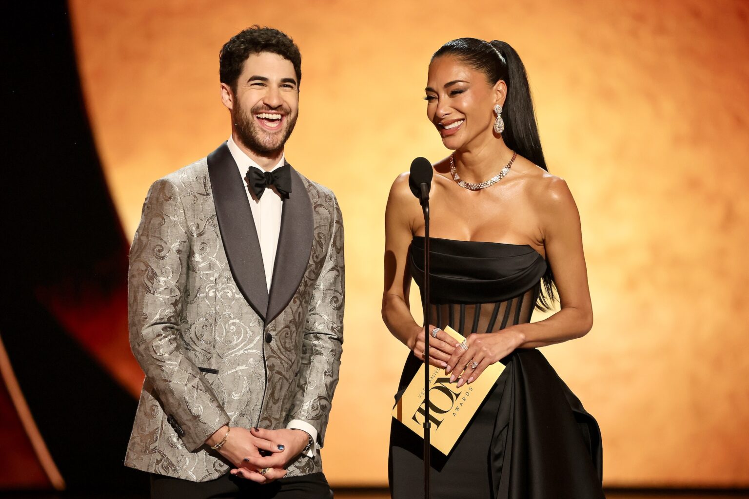 NEW YORK, NEW YORK - JUNE 07: (L-R) Darren Criss and Nicole Scherzinger speak onstage during The 79th Annual Tony Awards at Radio City Music Hall on June 07, 2026 in New York City. (Photo by Theo Wargo/Getty Images for Tony Awards Productions)