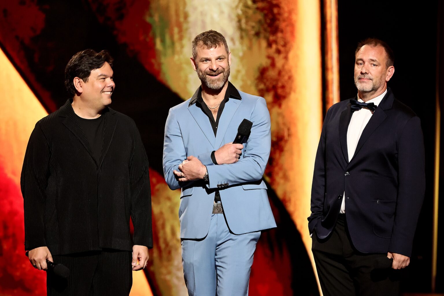 NEW YORK, NEW YORK - JUNE 07: (L-R) Robert Lopez, Matt Stone and Trey Parker speak onstage during The 79th Annual Tony Awards at Radio City Music Hall on June 07, 2026 in New York City. (Photo by Theo Wargo/Getty Images for Tony Awards Productions)